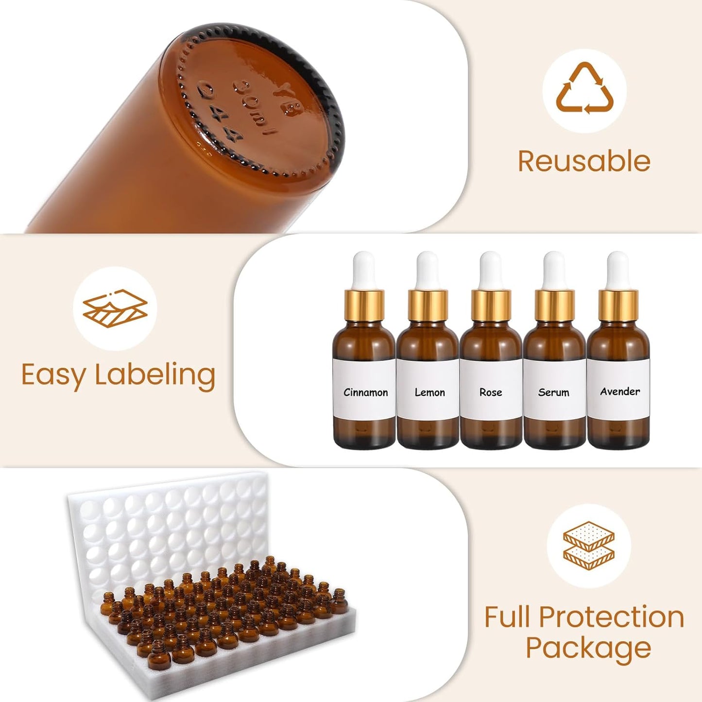 50Pack 1oz Amber Glass Dropper Bottles with Gold Lids, Funnels, Droppers, Extra Caps & Labels – Leakproof, UV Resistant 30ml Empty Bottle for Tinctures, Essential Oils, Beard, Hair Oils