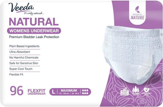 Veeda Natural Adult Incontinence Underwear for Women - Postpartum Underwear for Bladder Leakage Protection - Disposable Underwear with Maximum Absorbency - Large Size - 96 Count