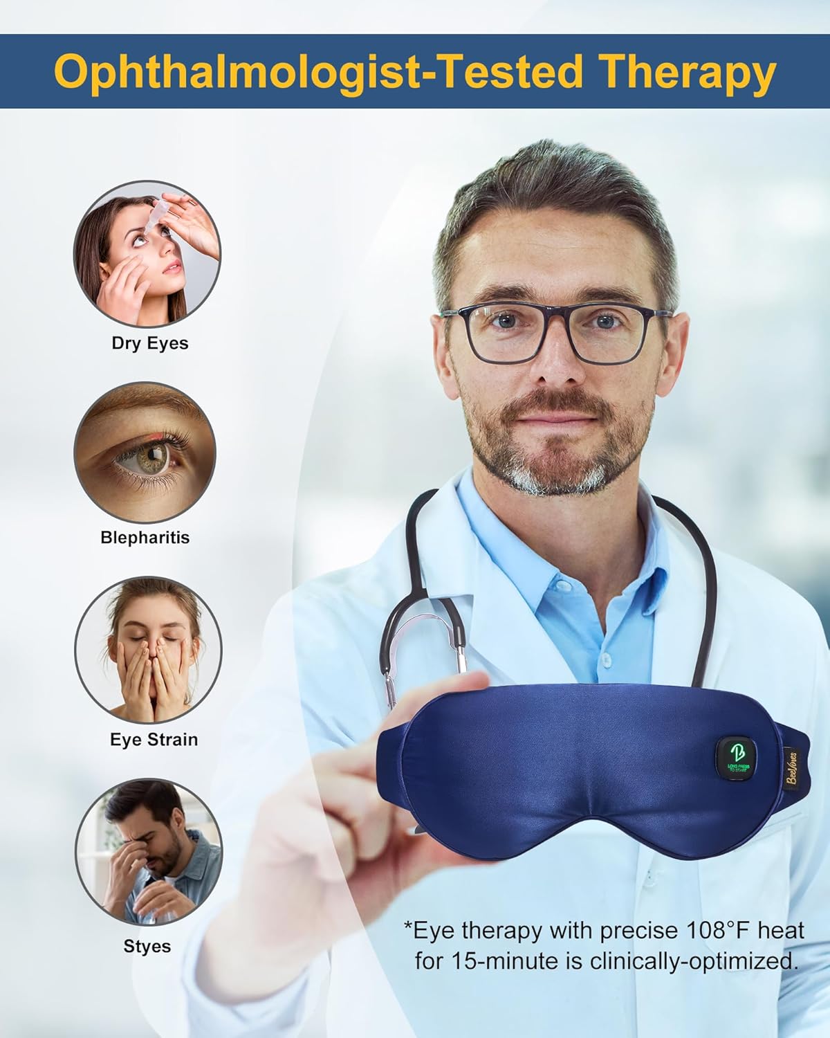 BeeVines Cordless Heated Eye Mask, Warm Compress for Dry Eyes, Light Blocking Heat Eye Masks for Women Men, Rechargeable Soft Heating Pad with Travel Pouch & Washable Cover(Blue)