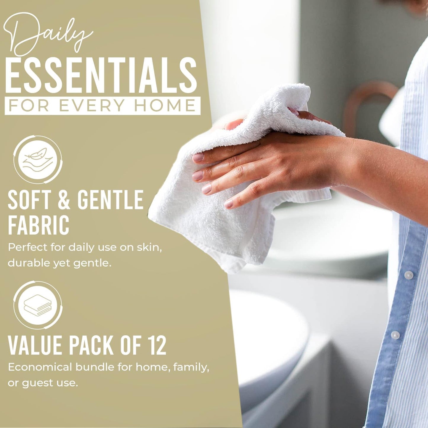 DAN RIVER 100% Cotton Wash Cloths 12 Pack [12x12] Soft & Absorbent Body wash Cloths, Gym, Hotels & Spa Perfect for Everyday Use Fingertip Towels, Ivory