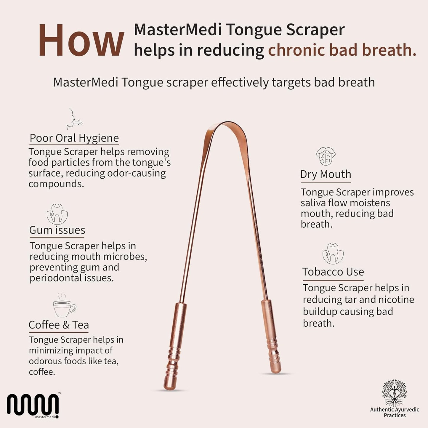 MasterMedi Pure Copper Tongue Scraper for Adults, Tongue Scrubber for Bad Breath, Easy to Use, Tongue Cleaner for Oral Care & Hygiene (Copper Pack of 3)