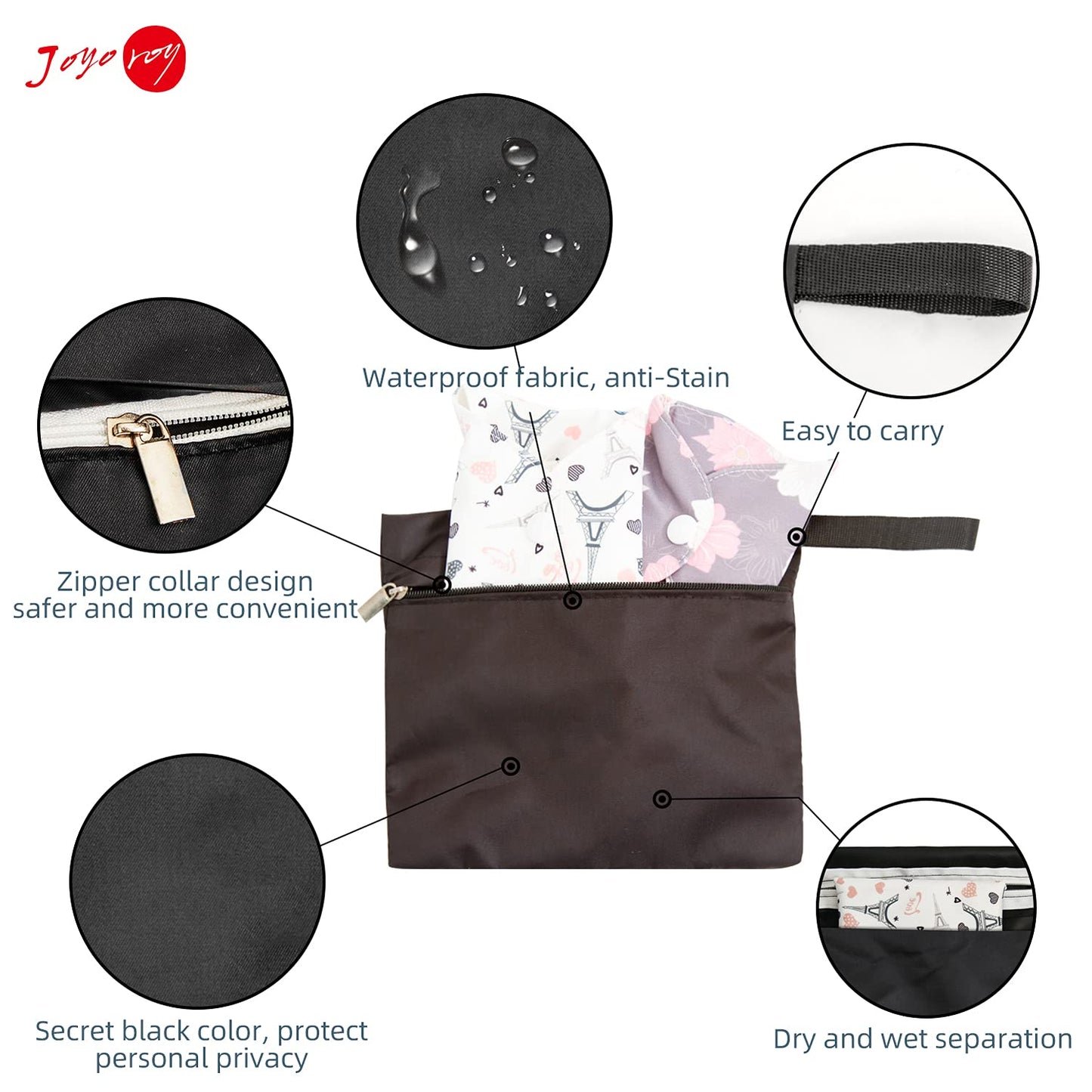 Joyo roy Small Wet Bag Mini Wet Bag Period Bag Black for Private Secret Waterproof Reusable for Girls Women Multi Use for Mama Cloth/Menstrual Pads/Sanity Cups/Breast Pads/Make Up Remover Pads