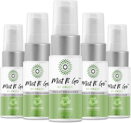 Mist N' Go by Omaze Travel Bathroom Spray - Toilet Odor Eliminator & Air Freshener - Fresh Linen (1oz x5)