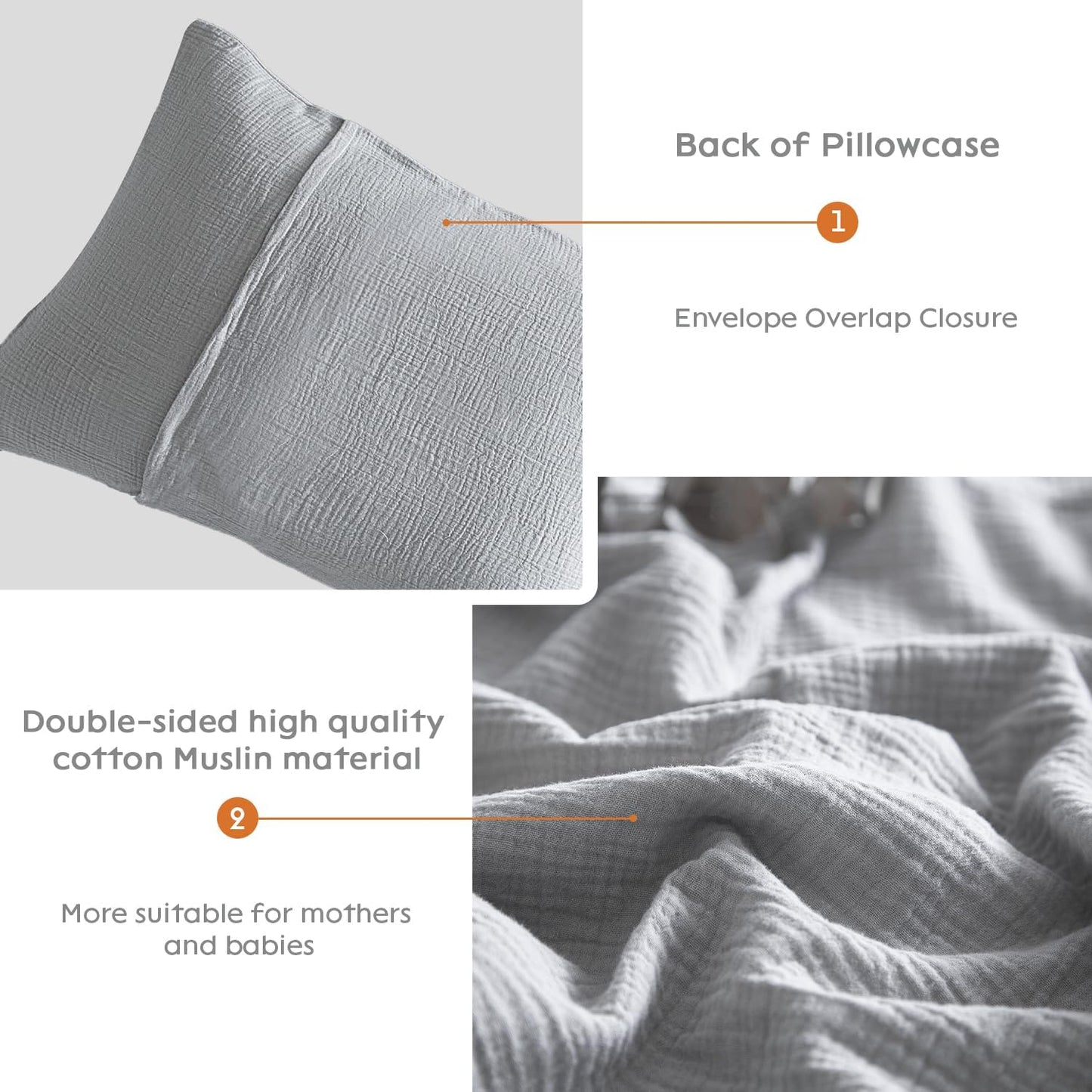 SE SOFTEXLY Muslin Pillowcases Standard Size 100% Cotton, 2 Pack Linen Like Pillow Shams with Envelope Closure, Ultral Soft and Breathable Pillow Case Covers, Light Grey, 20" X 26", No Filling