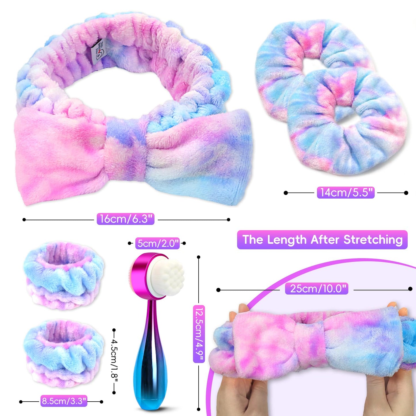 Facial Cleansing Brush, Headband for Washing Face with Silicone Double Side Manual Face Scrubber Brush, Skincare Headband and Wristband Set, 2 Hair Scrunchie, for Makeup Rainbow