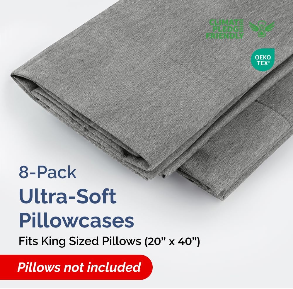 King Pillow Cases Set of 8 - Ultra Soft Hotel Quality Pillowcase Covers - Comfy & Wrinkle Free - Shrink, Stain and Fade Resistant - Machine Washable Pillow Protectors - 8 Piece Set - Heathered Grey