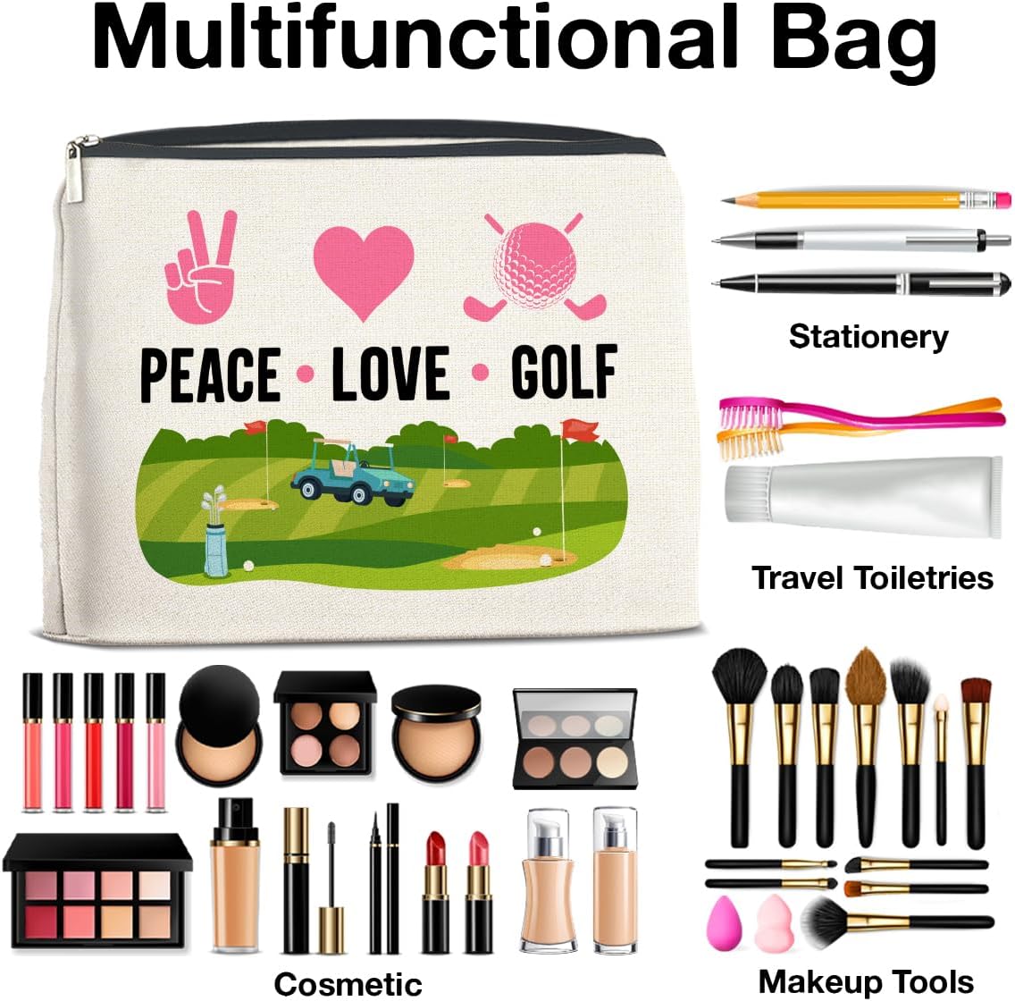 Golf Makeup Bag Gifts for Women Golfer Peace Love Golf Cosmetic Bag Zipper Pouch