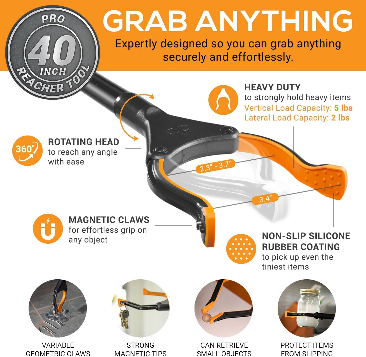 EZPIK Pro 40" Extended Grabber Reacher Tool for Elderly, Trash Hand Grabber Pickup Sticks for Seniors, Telescoping Extension Gripper Claw Pickup Tool, Hand Extension Magnetic Folding Tongs