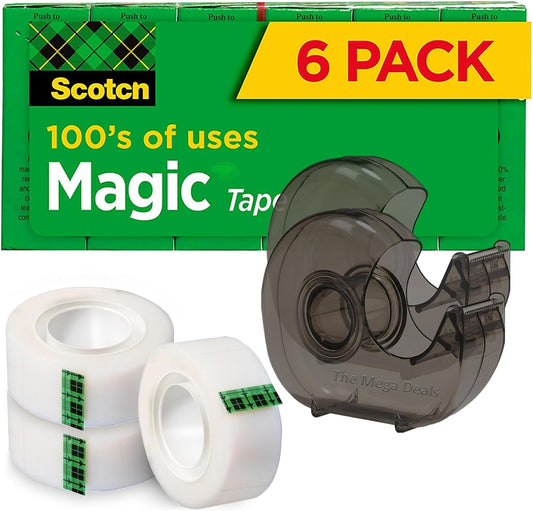 6 Rolls Invisible Tape with 2 Refillable Tape Dispensers, Writable Tape Refills for Dispenser, 3/4 x 1296 Inches, Matte Gift Wrapping Tape for Home, Office, School (Gift Pack)