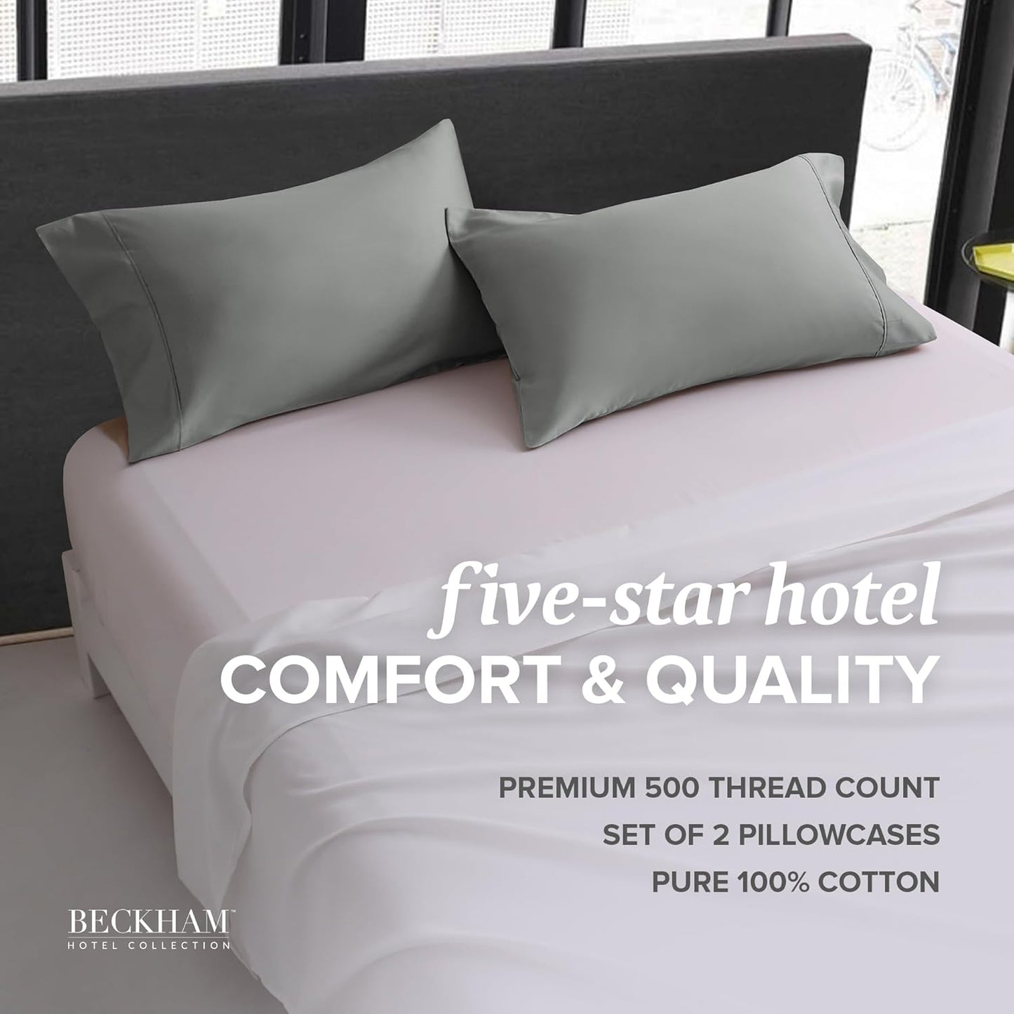 Beckham Hotel Collection Bed Pillowcases Standard/Queen Size Set of 2, 500TC 100% Cotton, Luxury Sateen Bedding, Open End, Breathable, Moisture-Wicking, Dark Gray