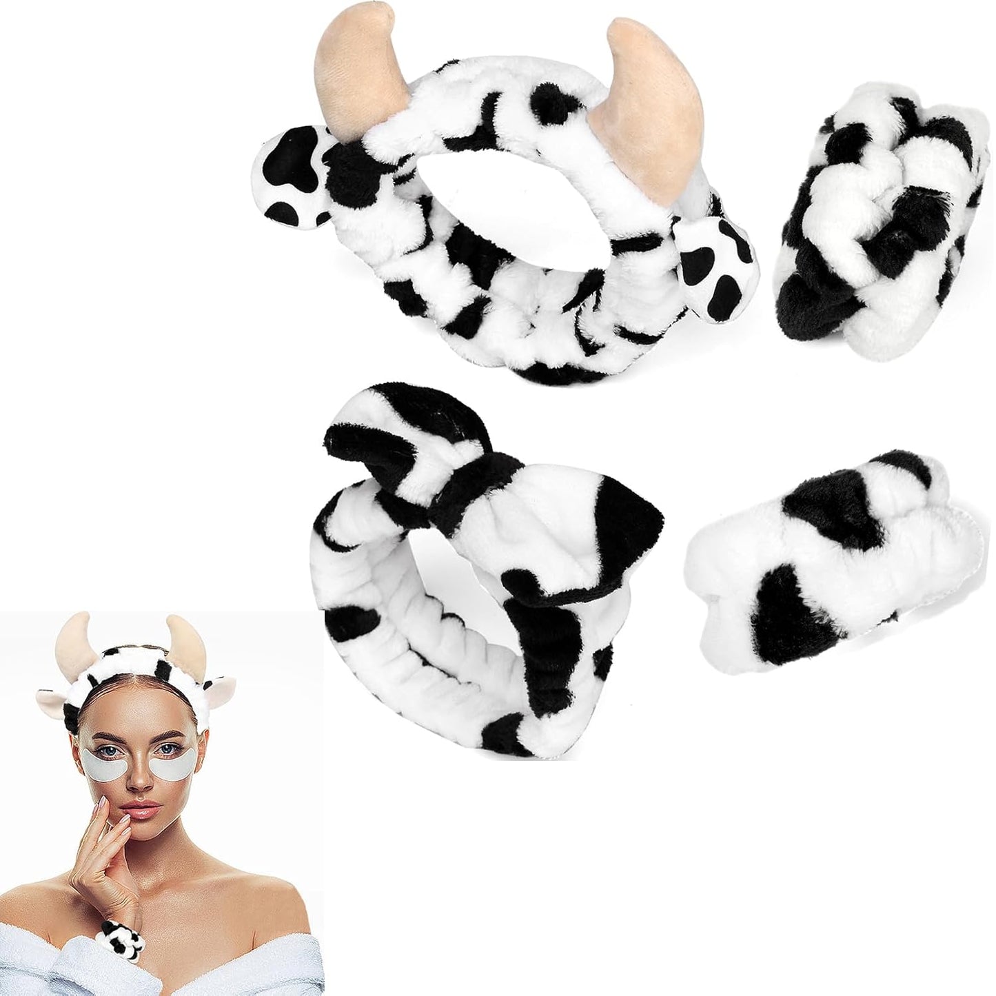 4PCS Cow Print Headbands for Washing Spa Face Wristband Set, Bath Makeup Skincare Hair Bands Western Highland Stuff Gifts for Women