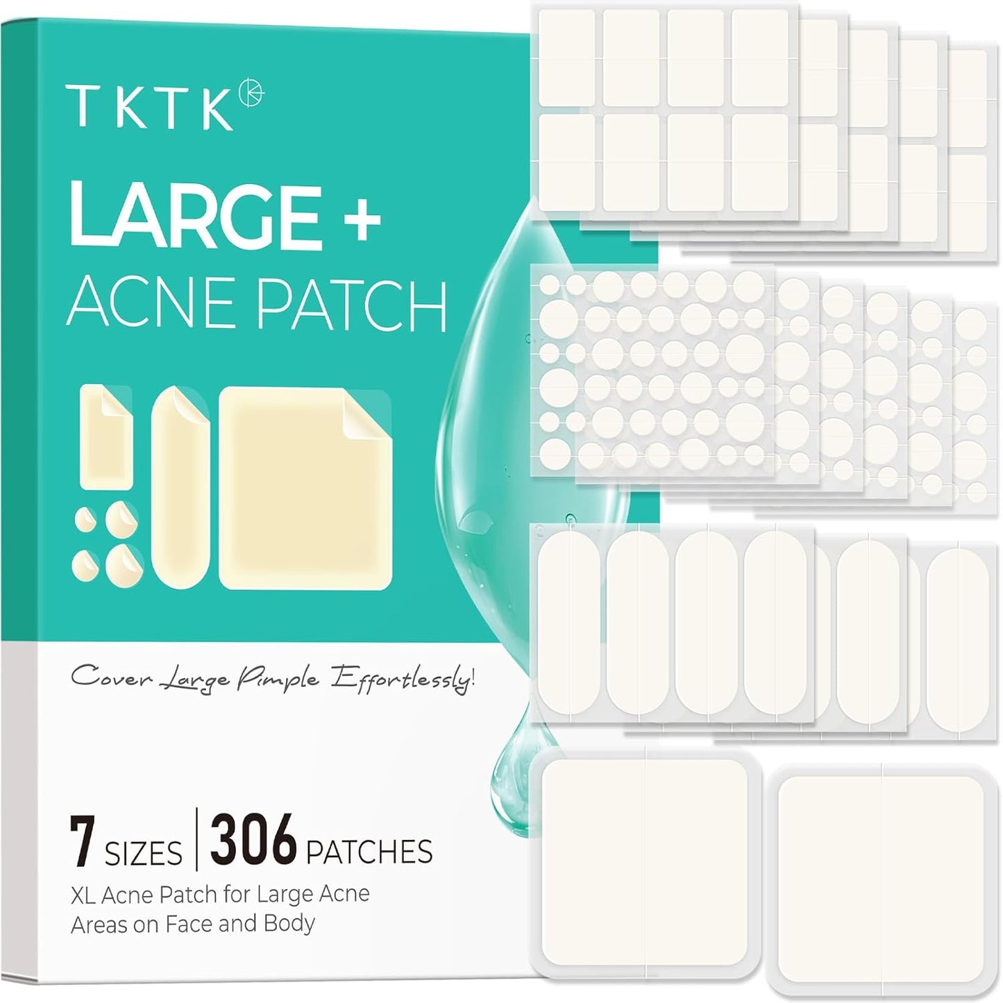 Large Pimple Patches for Face, 7 Sizes Big Acne Patches, XL Hydrocolloid Bandages for Body, Chin, Forehead, Nose, Back Blemish Zit Breakouts, Hydrocolloid Patch (Square, Strip, Dot 306 Count)