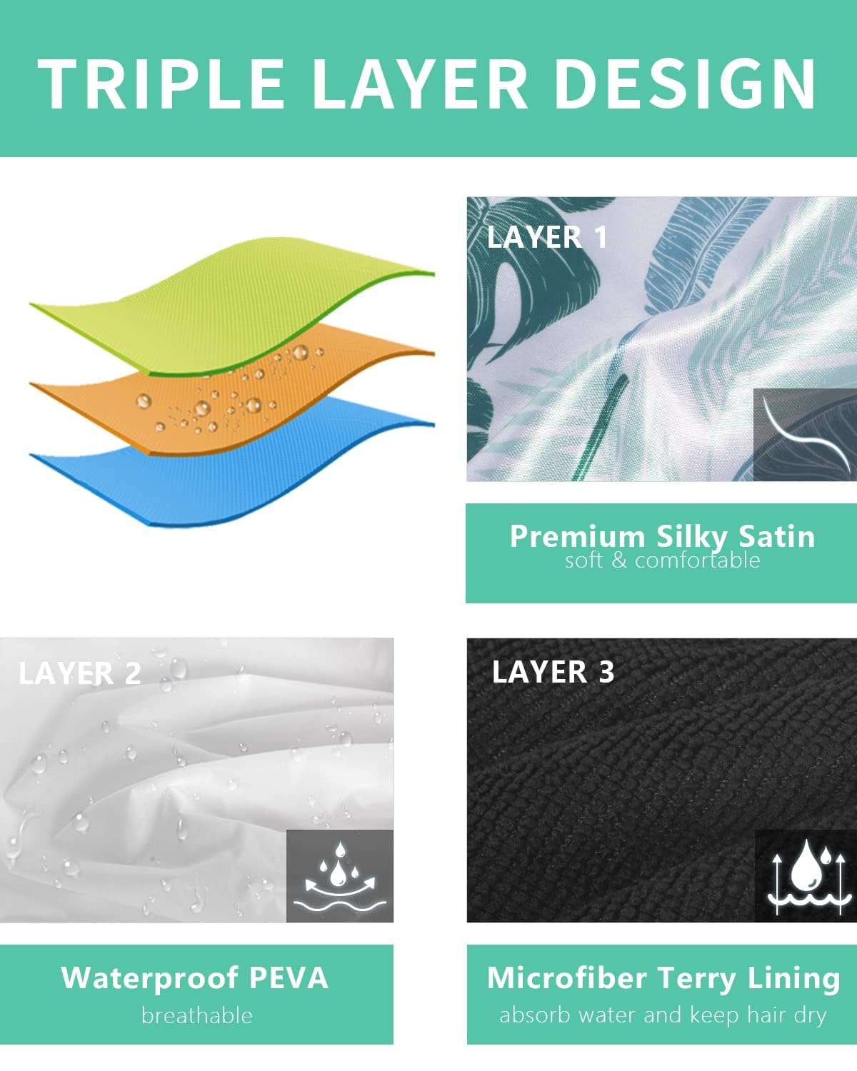 Shower Caps, Triple Layer Waterproof Large Shower Cap for Women, Reusable Shower Caps for Long Thick Hair lined shower cap