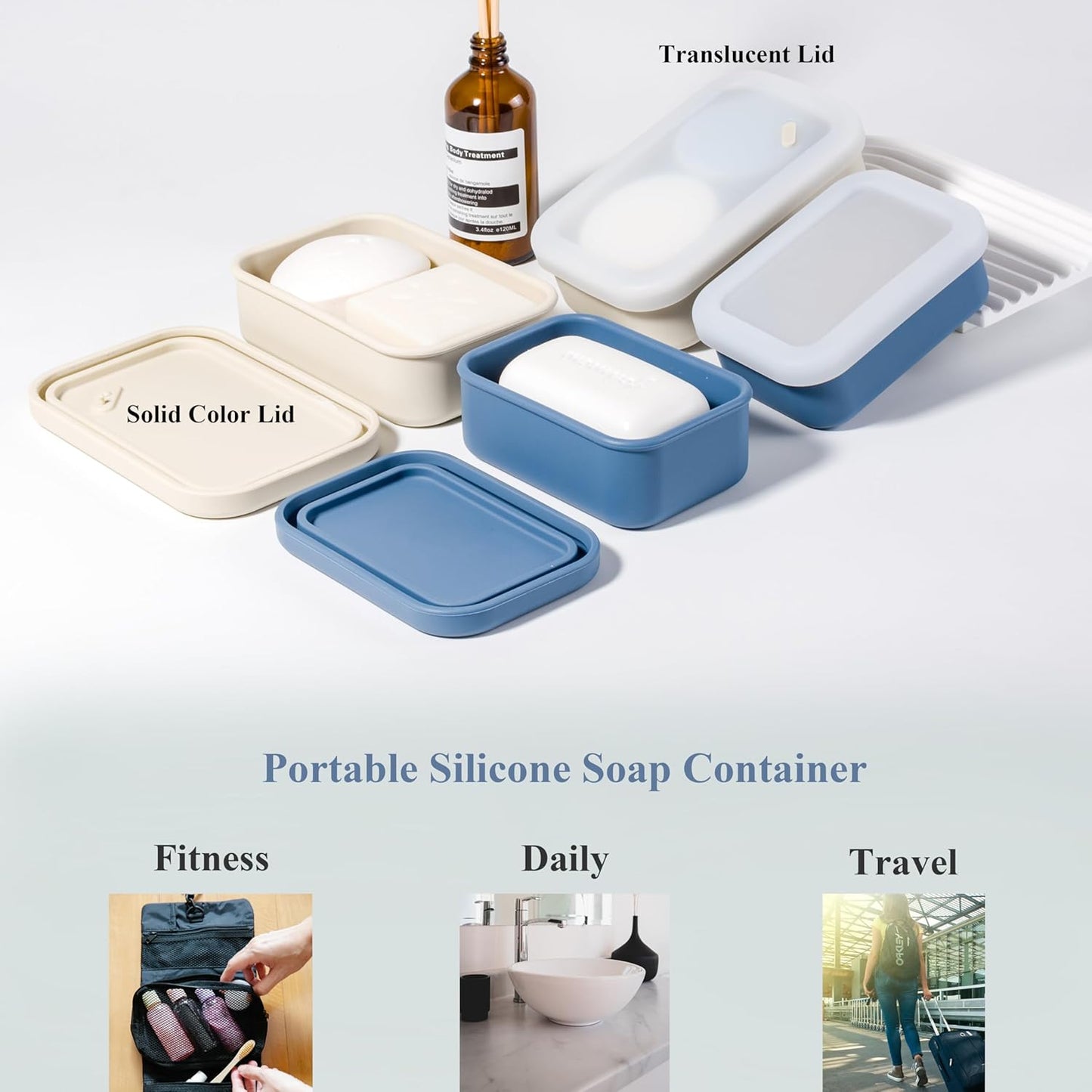 2PC Portable Leakproof Travel Soap Case, Silicone Travel Soap Case, Compact Soap Holder with Drainage Layer, Travel Soap Holder for Camping, Gym, Outdoor milkywhite&darkblue