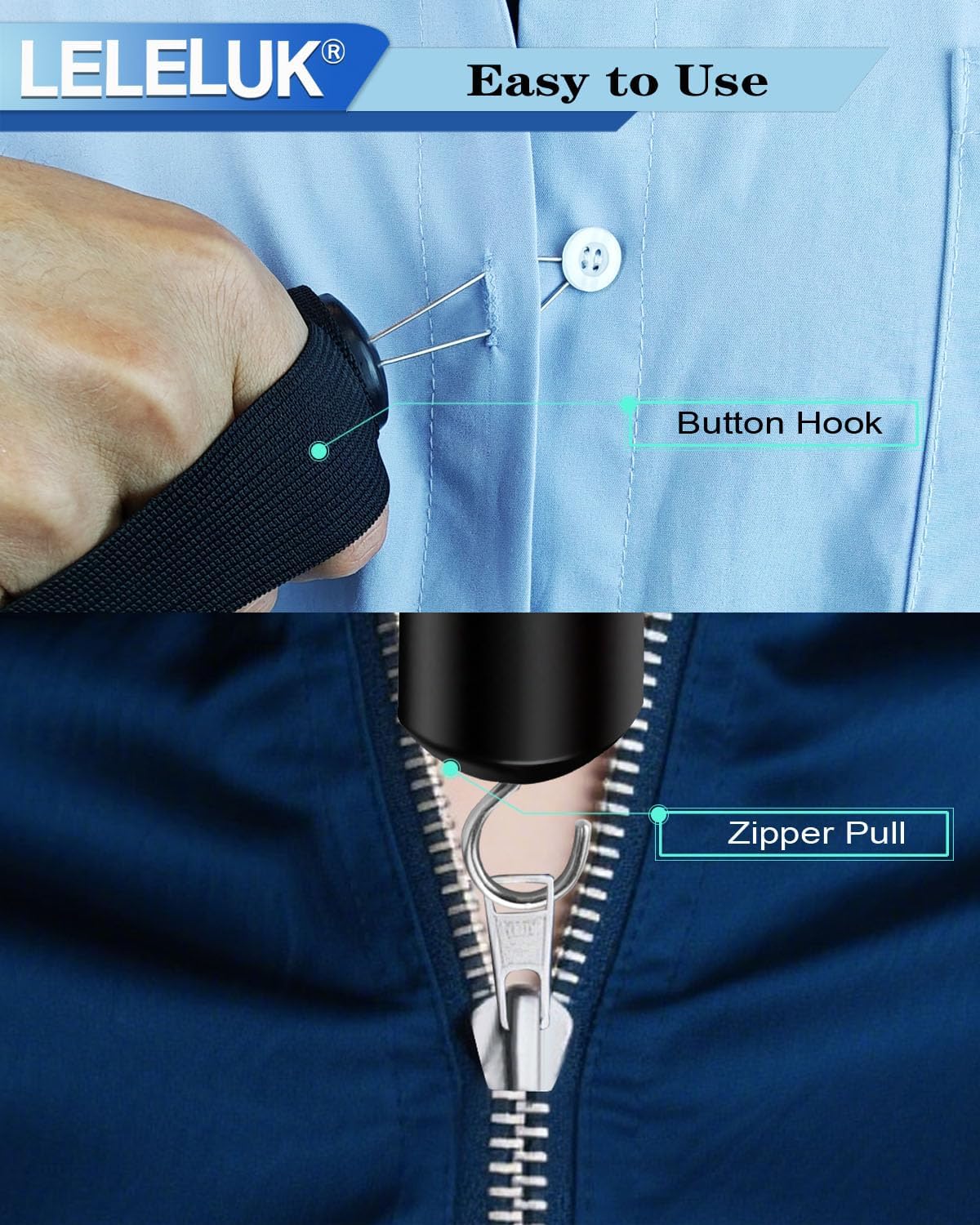 Button Hook and Zipper Pull with Strap for One-Handed Dressing - Adaptive Clothing Aid for Seniors, Disabled, Arthritis - Non-Slip Ergonomic Handle for Easy Buttoning - Portable Dressing Tool