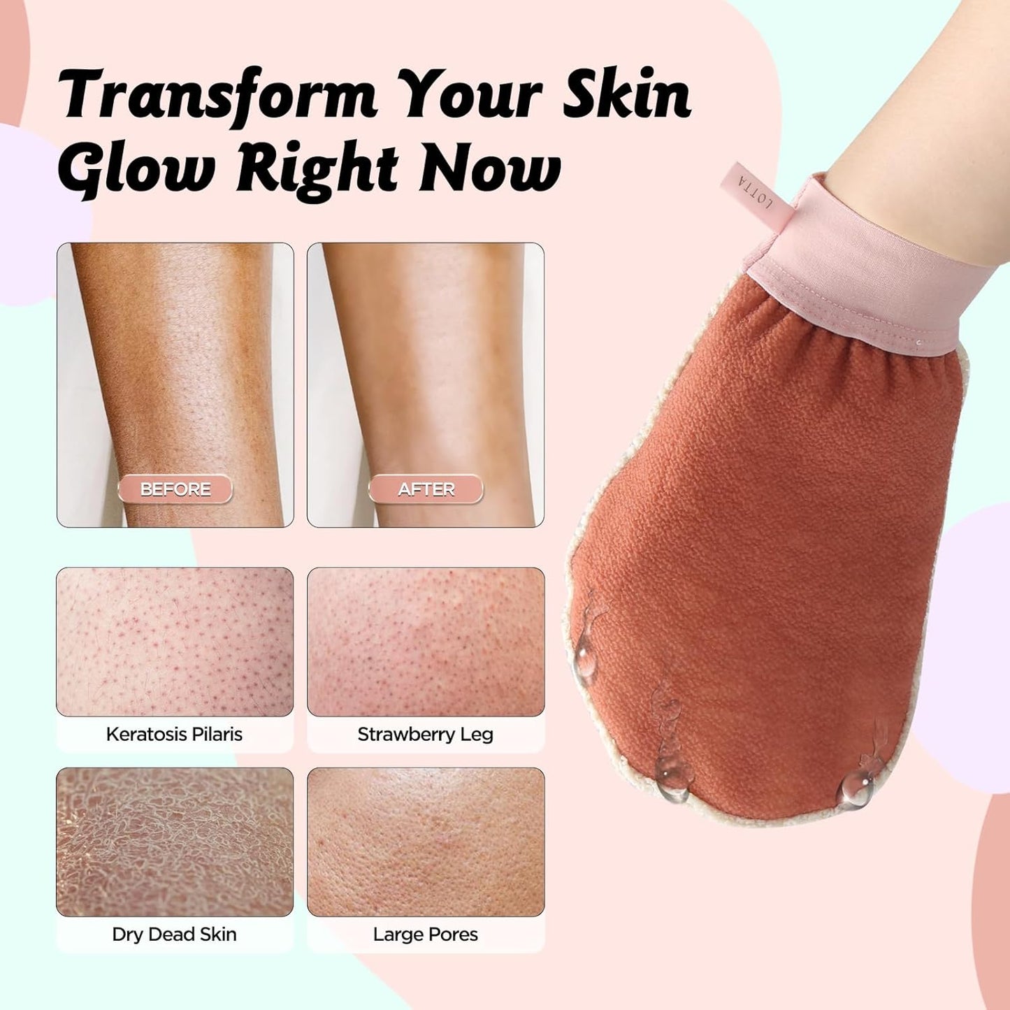 LOTTA Dual-Sided Exfoliating Gloves - Natural Viscose & Sisal for Deep Body Scrub & Massage - Gentle for Sensitive Skin - Replaces Loofah (Pink-Rough)