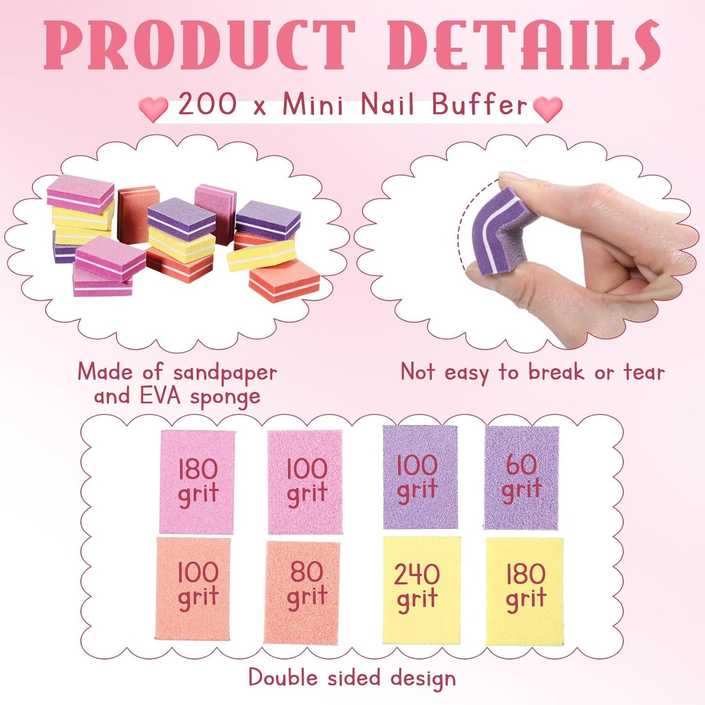 200 Pcs Mini Nail Buffer Blocks Bulk Sponge Double Sided Buffing Sanding Block Manicure Tools Bulk Nail File for Acrylic Nails and Natural Nails (100/180,80/100,180/240,60/100,Multicolor)