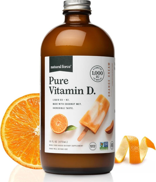 Natural Force Pure Vitamin D – Liquid D3 & K2 with Coconut MCT –1,000 IU, Immunity & Nutrient Absorption Booster- Vegan - Orange Cream, 16 fl oz