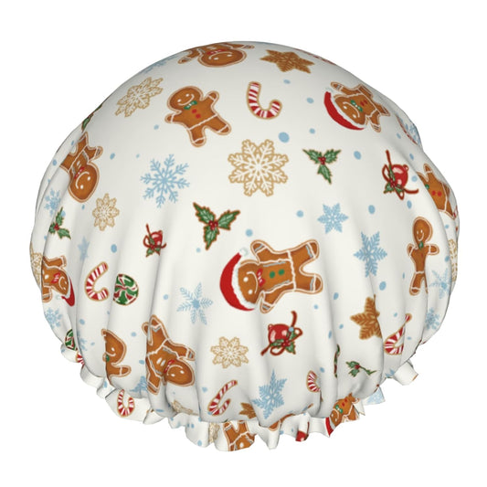 Christmas Shower Caps Gingerbread Man Decorative Hair Caps Xmas Dual-Layer Waterproof Bath Hat Elastic Reusable Hair Hat for Shower Cooking Clean Makeup Travel
