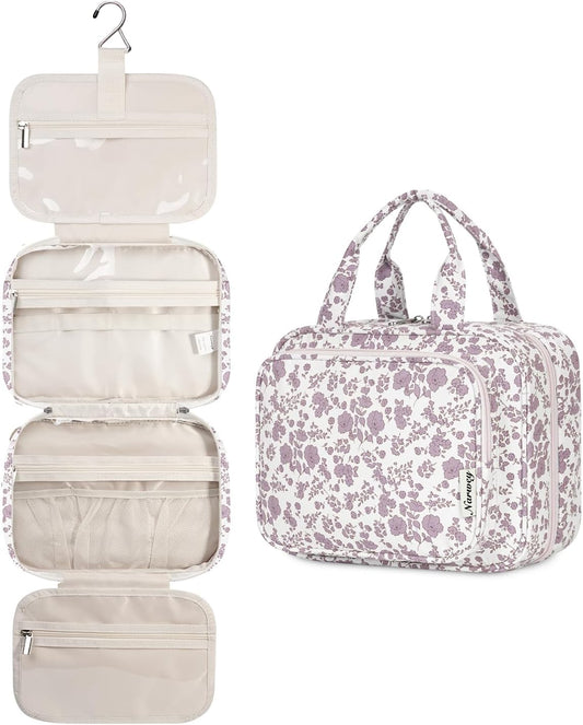 Narwey Hanging Floral Toiletry Bag for Women Travel Makeup Bag Organizer Toiletries Bag for Travel Size Essentials Accessories Cosmetics (Little Dusty Pink Flower (Medium))