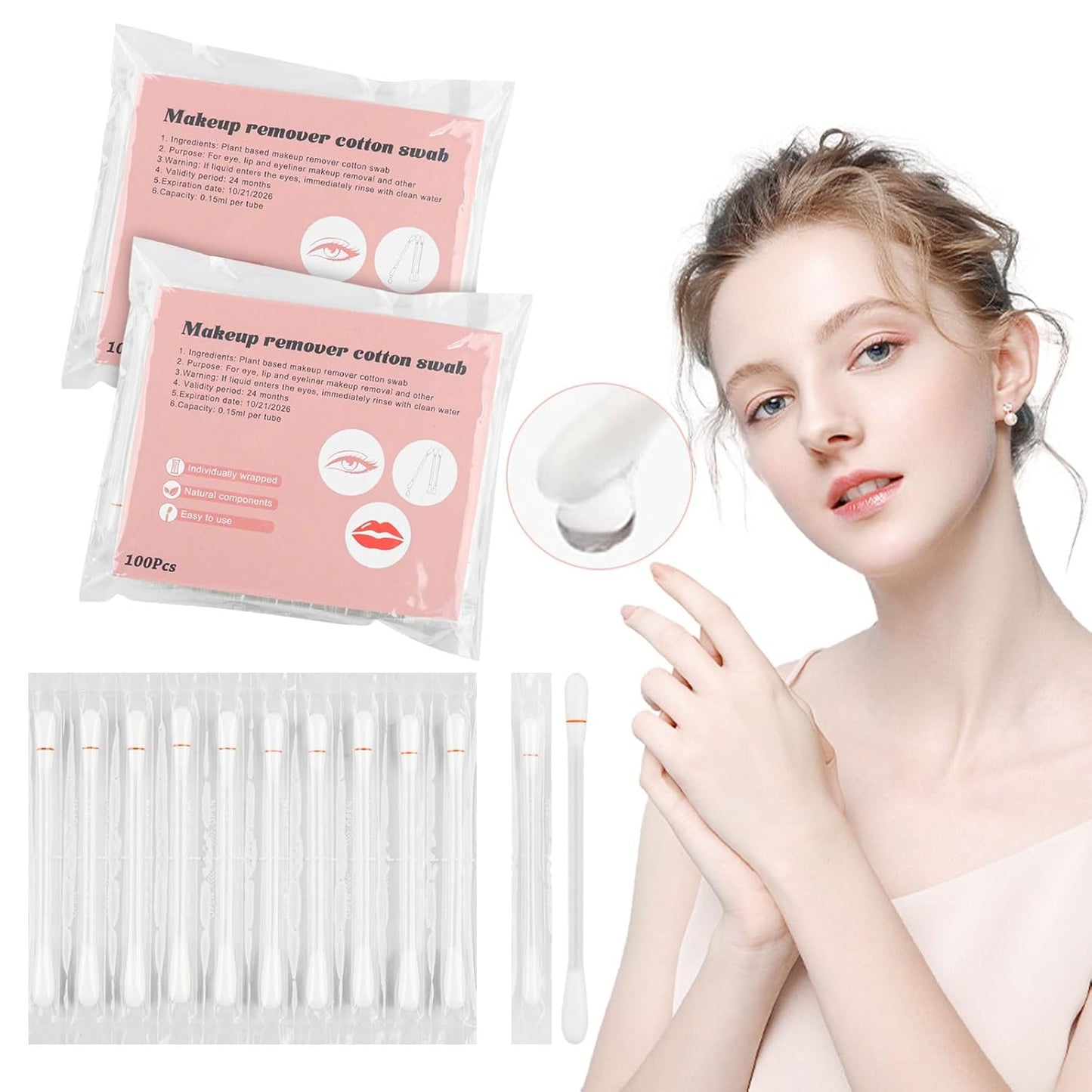 Cotton Swabs,Cotton Makeup Remover Swabs,Eye & Lip Sticks Remover,Liquid-Filled Makeup Remover Swabs Disposable Cotton Swabs for Eye/Lip/Eyebrow/Eyelash Makeup (Pack of 100)