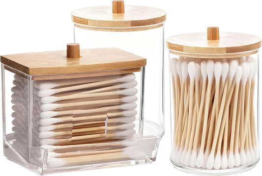 AXX Qtip Dispenser Apothecary Jars Bathroom - Qtip Holder Storage Canister Clear Plastic Jar for Cotton Swab,Q-Tips,Cotton Rounds (C#Bamboo2 3Pcs)