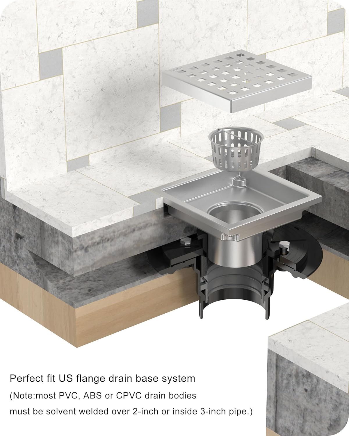 6 Inch/4 Inch Square Shower Drain SUS304 Stainless Steel Bathroom Floor Drain Strainer, Hair Catcher, Anti-Clog, Rust-Resistant, Fast Drainage (Brushed Nickel)