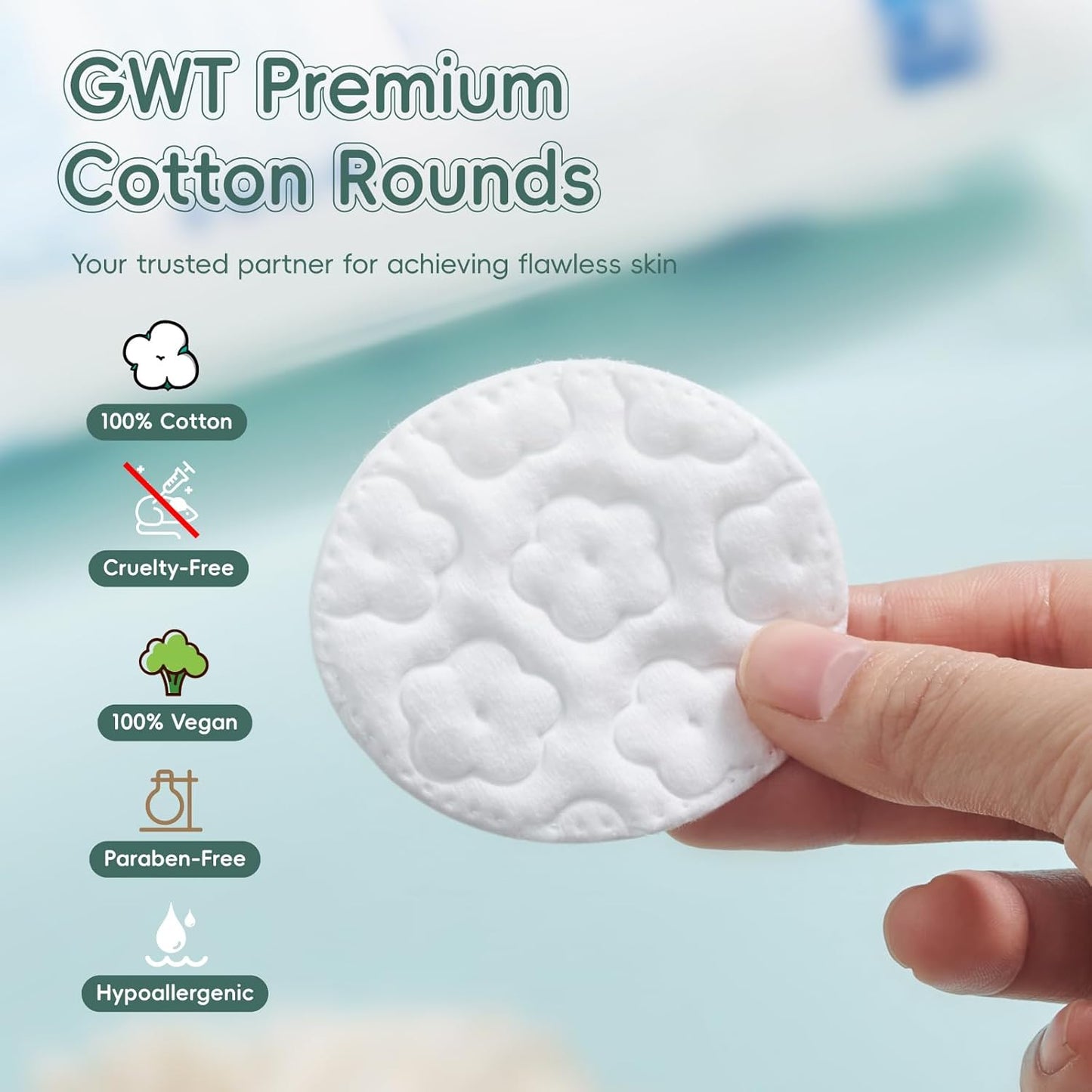GWT Premium Cotton Rounds for Face, 100% Pure & Lint-Free Cotton Pads, Soft & Absorbent Makeup Remover, Hypoallergenic, Multi-Layer Design (100 Count (Pack of 3))