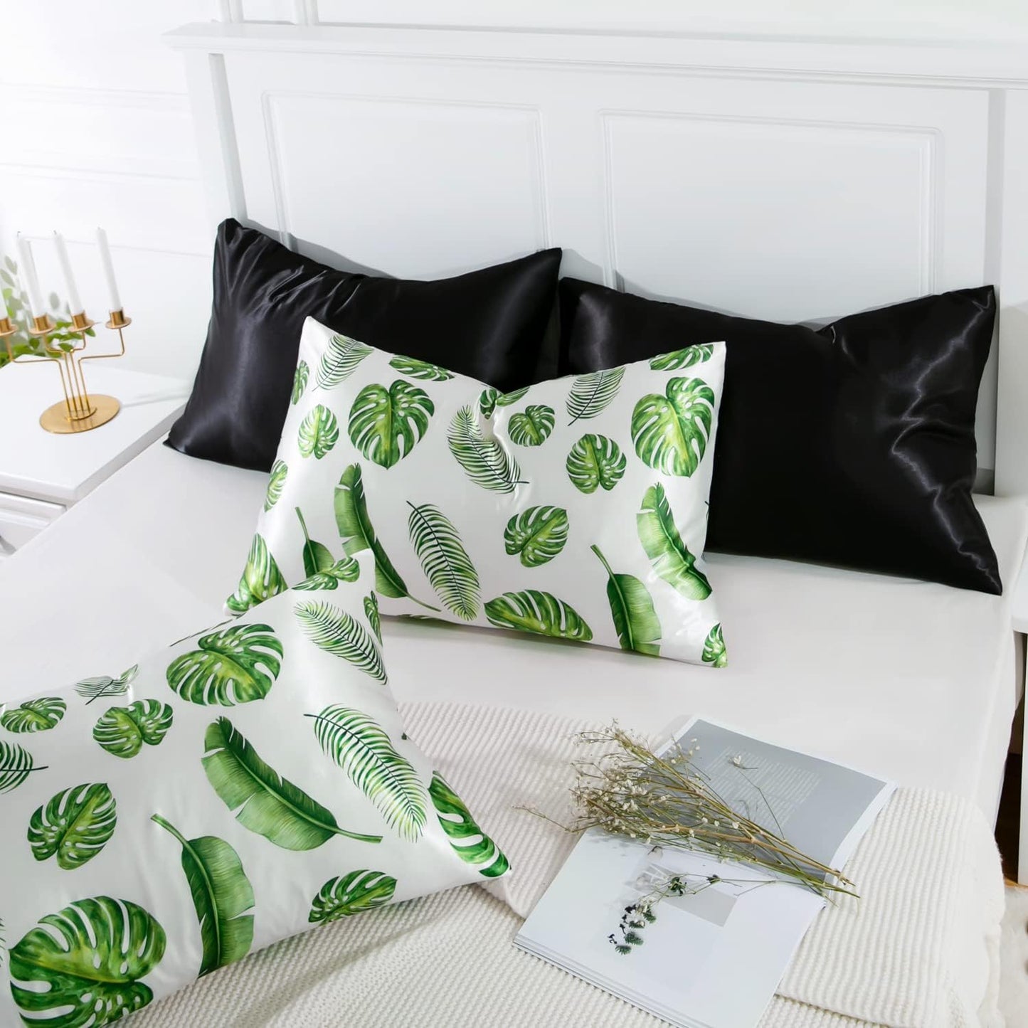 MR&HM Satin Pillowcase for Hair and Skin, Silk Satin Pillowcase 2 Pack, King Size Pillow Cases Set of 2, Silky Pillow Cover with Envelope Closure (20x40, Leaves)