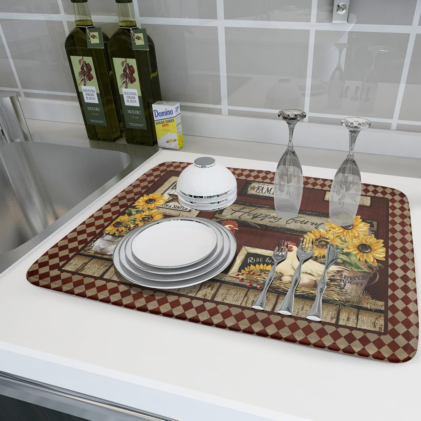 Vintage Rooster Dish Drying Mat 18x24 Inch Farmhouse Chicken Dish Drainer Pad Microfiber Absorbent Fast Dry Kitchen Counter Accessories