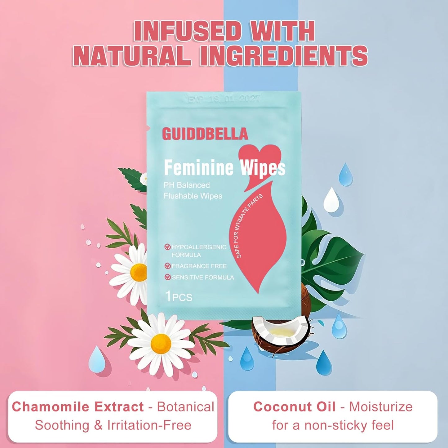 Feminine Wipes for Women - Individually Wrapped Flushable Wipes, PH-Balanced, Alcohol-Free, Unscented, Safe for Sensitive Skin (50 Count)