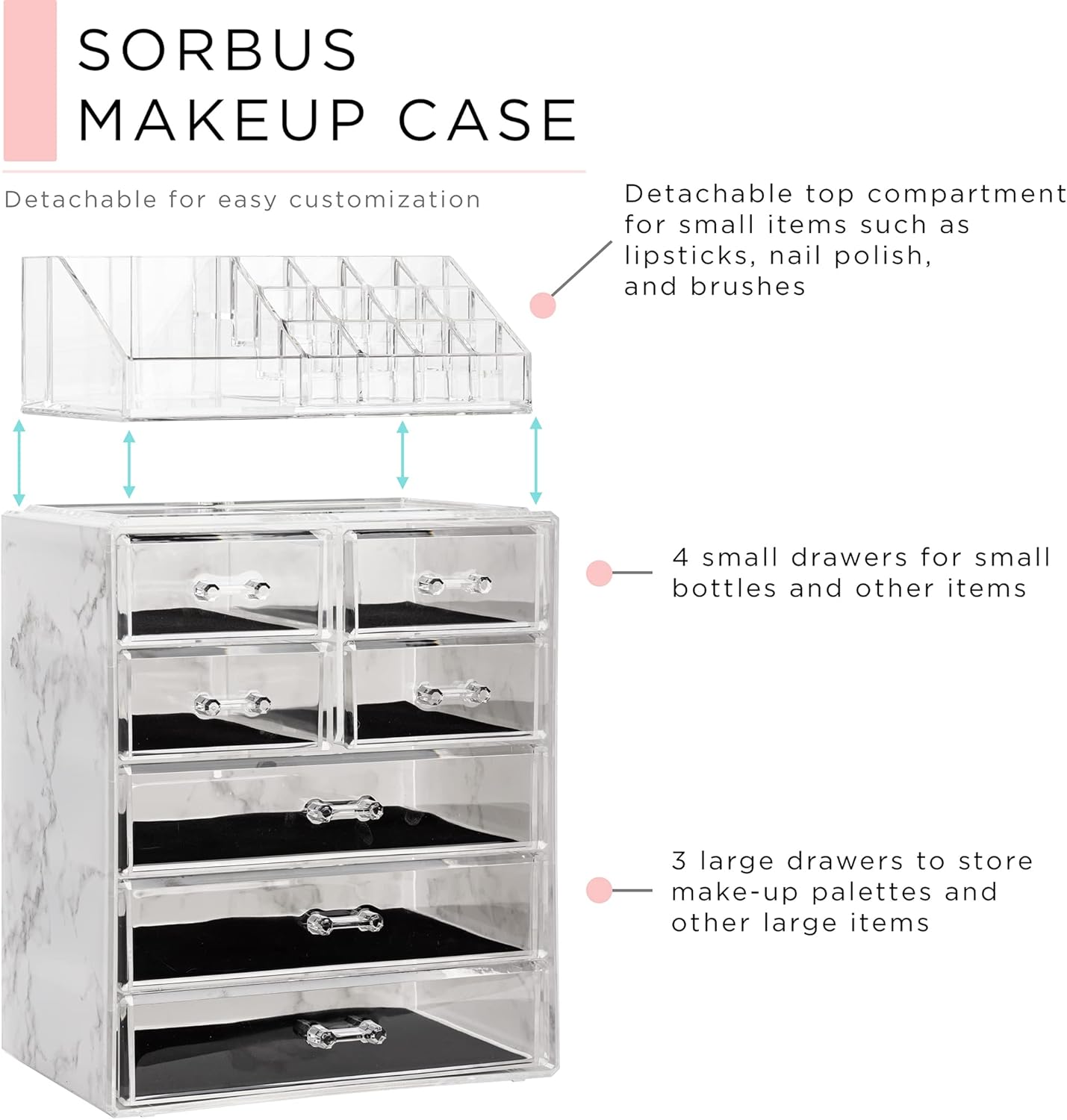 Sorbus Clear Cosmetic Makeup Organizer - Make Up & Jewelry Storage, Case & Display - Spacious Design - Great Holder for Dresser, Bathroom, Vanity & Countertop (3 Large, 4 Small Drawers) [Marble Print]