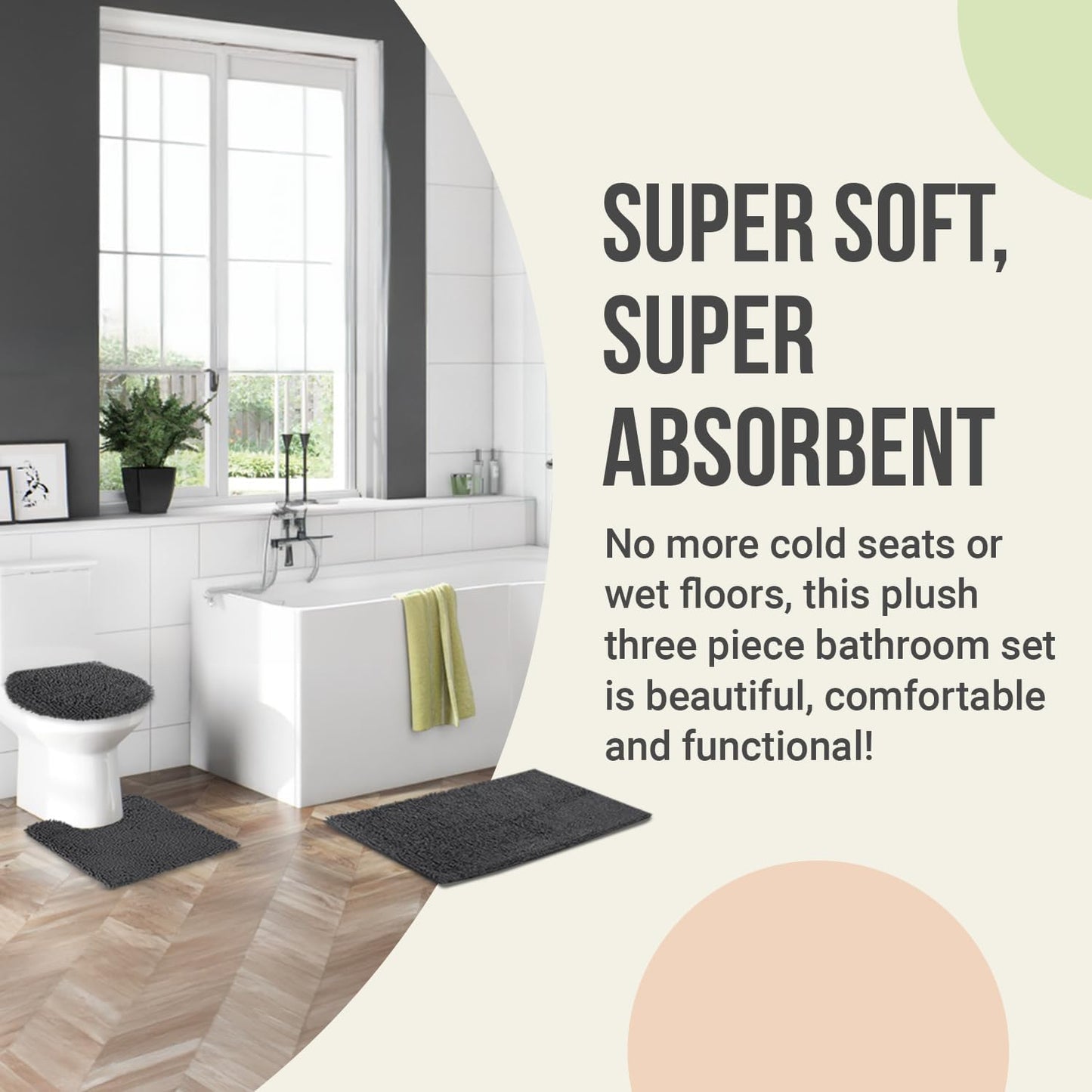 ITSOFT 3pc Non-Slip Shaggy Chenille Bathroom Mat Set, Includes 24 x 21 Inches U-Shaped Contour Toilet Rug, 34 x 21 Inches Bathmat and 1 Toilet Lid Cover, Charcoal Gray