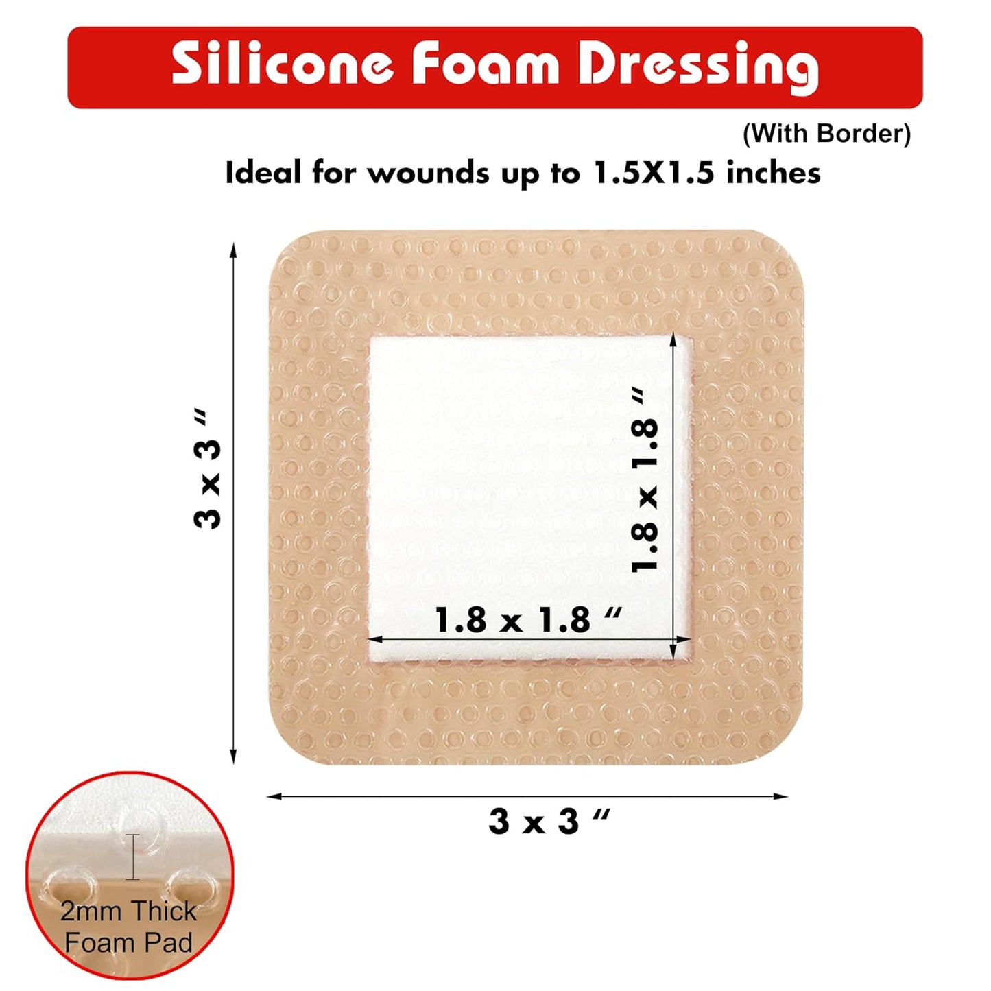 FRESINIDER Silicone Foam Dressing with Adhesive Border – Wound Dressing Bandage – Silicone Foam Pad – Pack of 5 – 3 x 3 Inches Large Waterproof Bandages – Self Adhesive Wound Care and Dressings