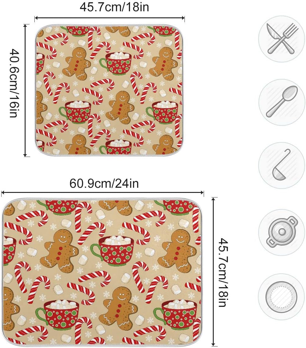 Christmas Gingerbread Man Candy Cane Dish Drying Mat for Kitchen Winter Snow Snowflake Snowman Xmas Microfiber Drying Mats Absorbent Reversible Dish Pad Medium Dish Draining Mat 16x18 inch