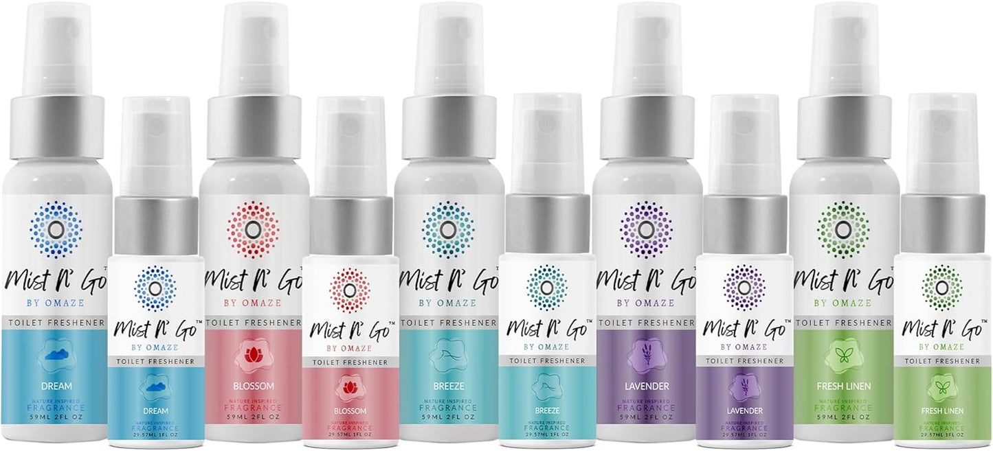 Mist N’ Go by Omaze Travel Bathroom Spray for Toilet Spray Odor Eliminator - Travel Toilet Spray for Bathroom Air Freshener Spray for Bathroom Deodorizer - Mix All, Family Pack (2oz x5 + 1oz x5)