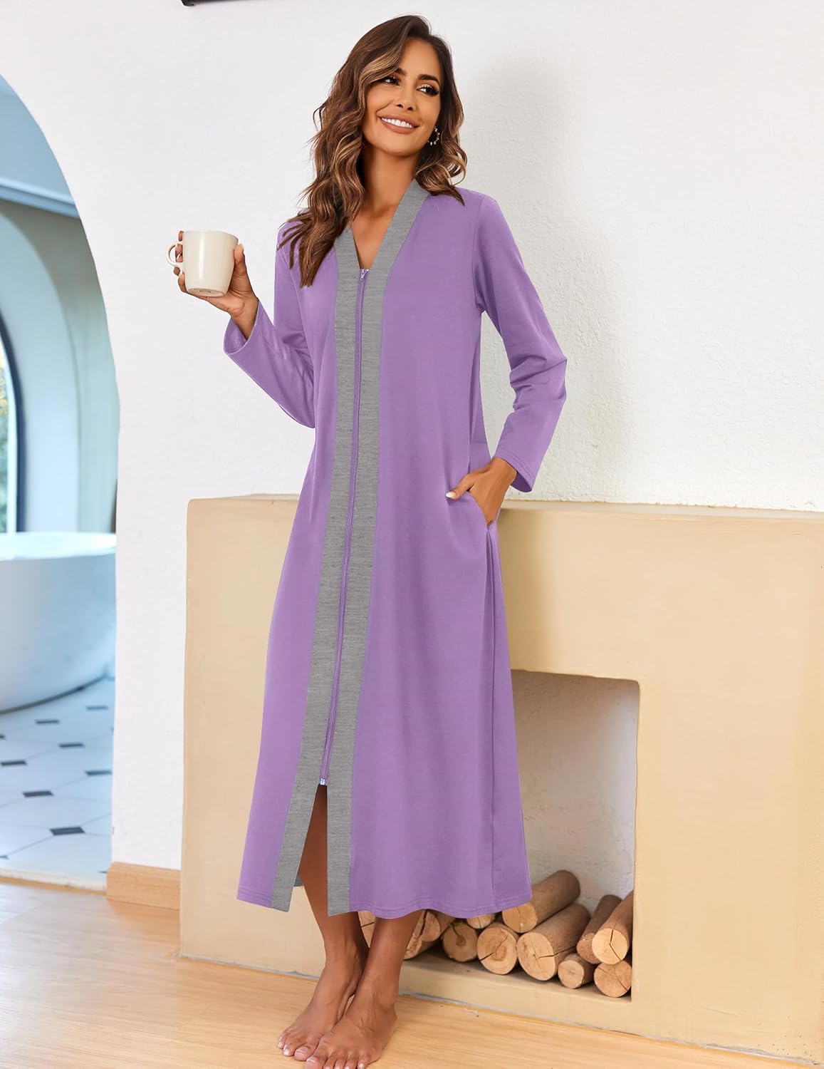 Ekouaer Women Zipper Robe Long Sleeve Loungewear Lightweight Housecoat Full Length Nightgown with Pockets
