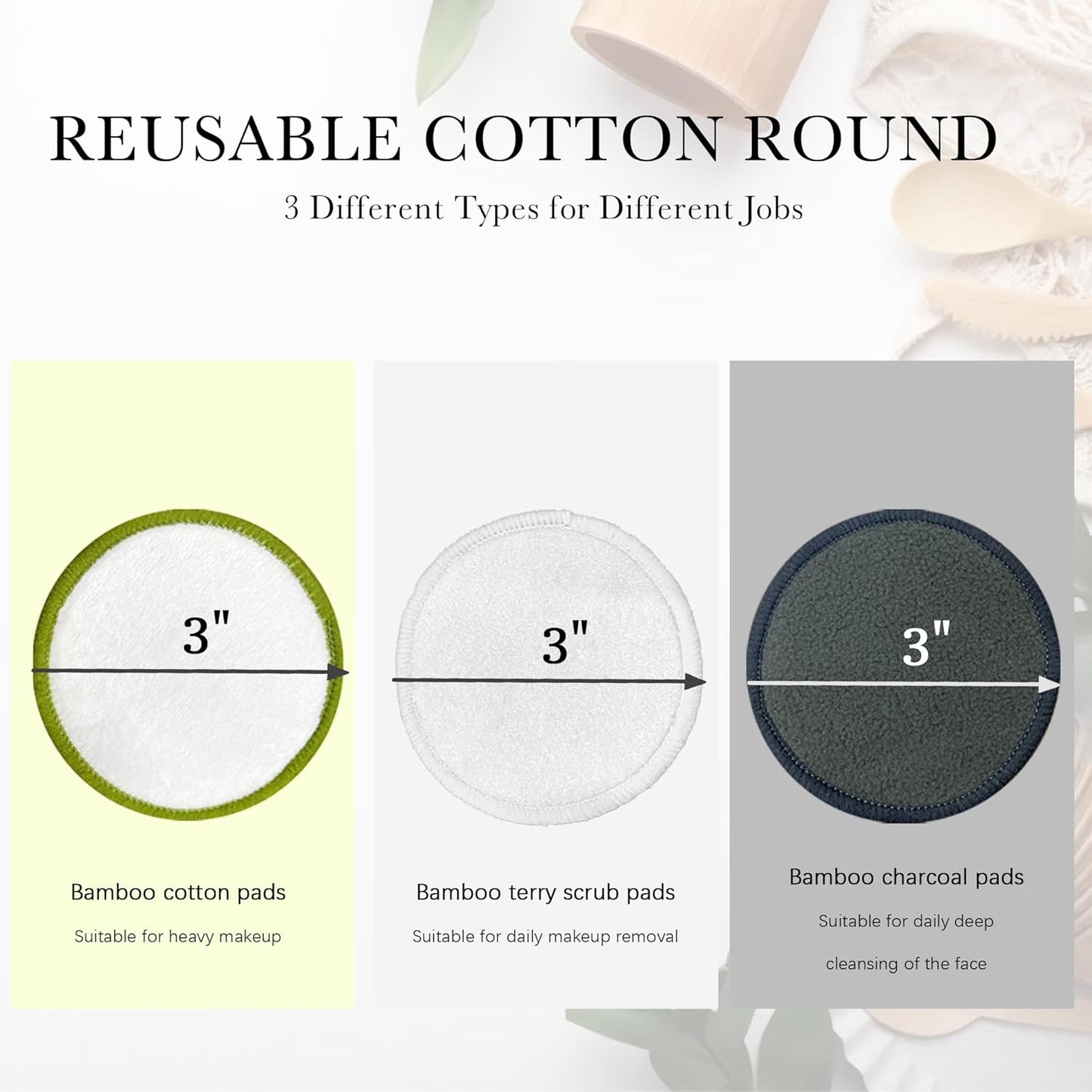 Reusable Bamboo Charcoal Makeup Remover Pads - 30 Count Washable Makeup Remover Pads, Reusable Cotton Rounds for Face, Double-Sided Washable Bamboo Cotton Rounds with Mesh Bag for Storage