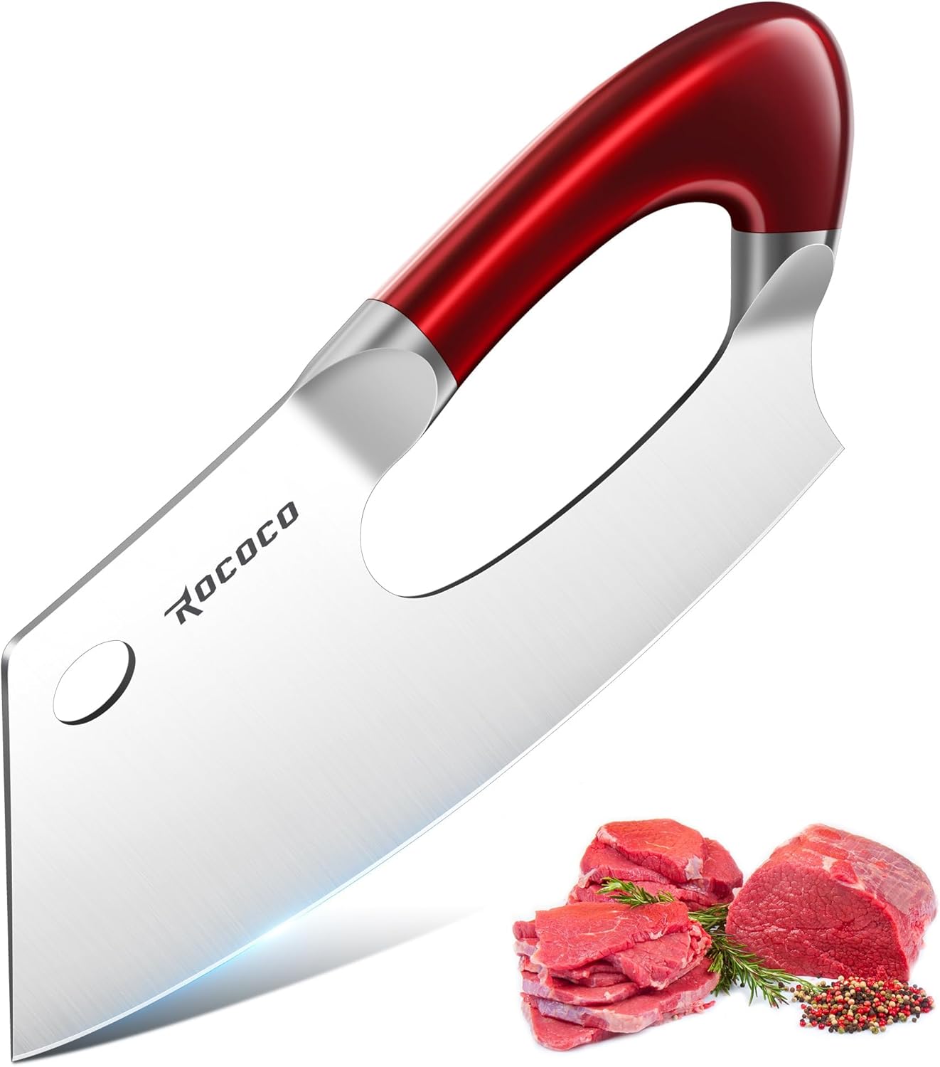 ROCOCO Meat Cleaver Knife Unique Effort Saving Kitchen Knife Professional Stainless Steel Chef Cooking Knives for Cutting Meat Vegetable Father Mother Christmas Gift Red