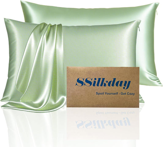 Mulberry Silk Pillow Cases 2 Pack Standard Size with Zipper, Ultra Smooth Soft Breathable Cooling Pillow Cases for Hot Sleepers, Silk Satin Pillowcase for Hair and Skin Set of 2, Gifts for Women