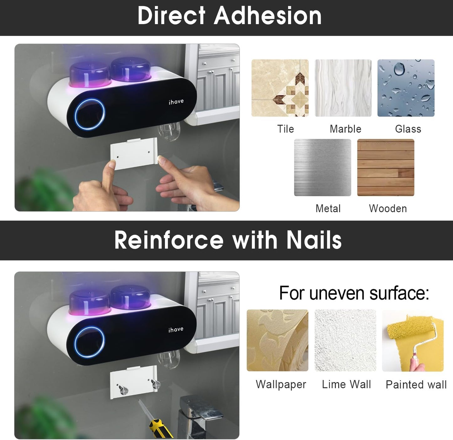 iHave Toothbrush Holders for Bathrooms, UV Toothbrush Sanitizer and Holder Smart Home Bathroom Accessories, 2 Cups Electric Toothbrush Holder Wall Mounted with Toothpaste Dispenser Bathroom Decor