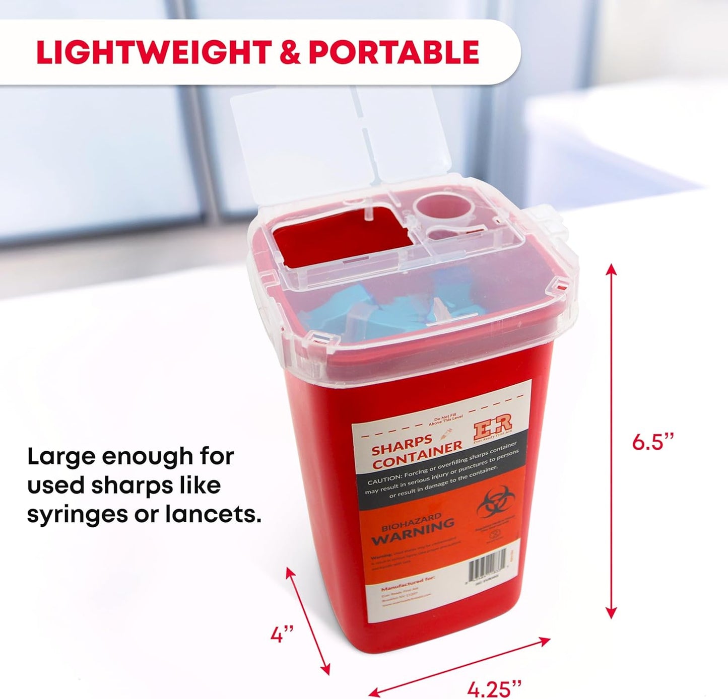 Ever Ready First Aid Sharps Container with Split Lid Design and Locking Mechanism for Sharp Waste Disposal, 1 Quart