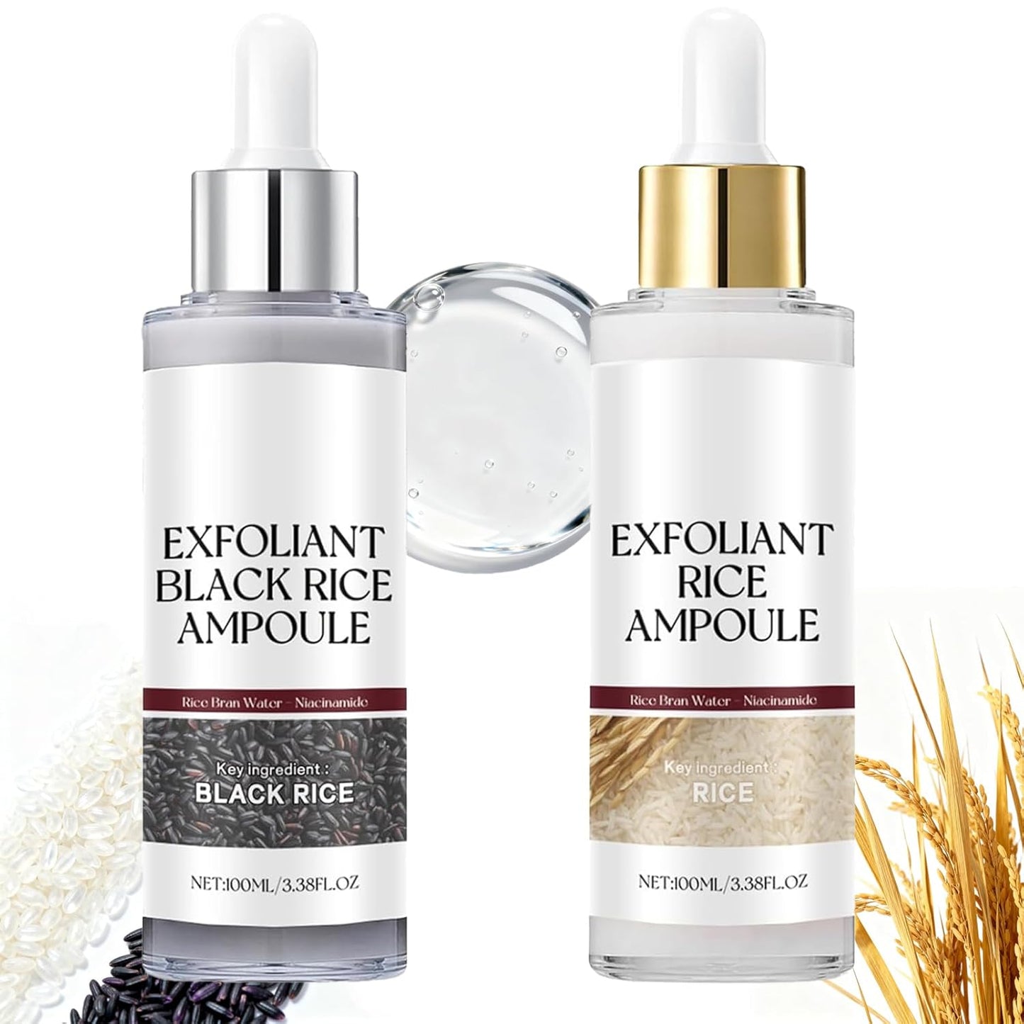 Glow Rice Ampoule Duo Day & Night - 2PCS White & Black Rice Peeling Ampoule for Face & Body, Gentle Peel to Remove Dead Skin & Blackheads, Rejuvenating Hydration Exfoliant for All Skin Types 100ml