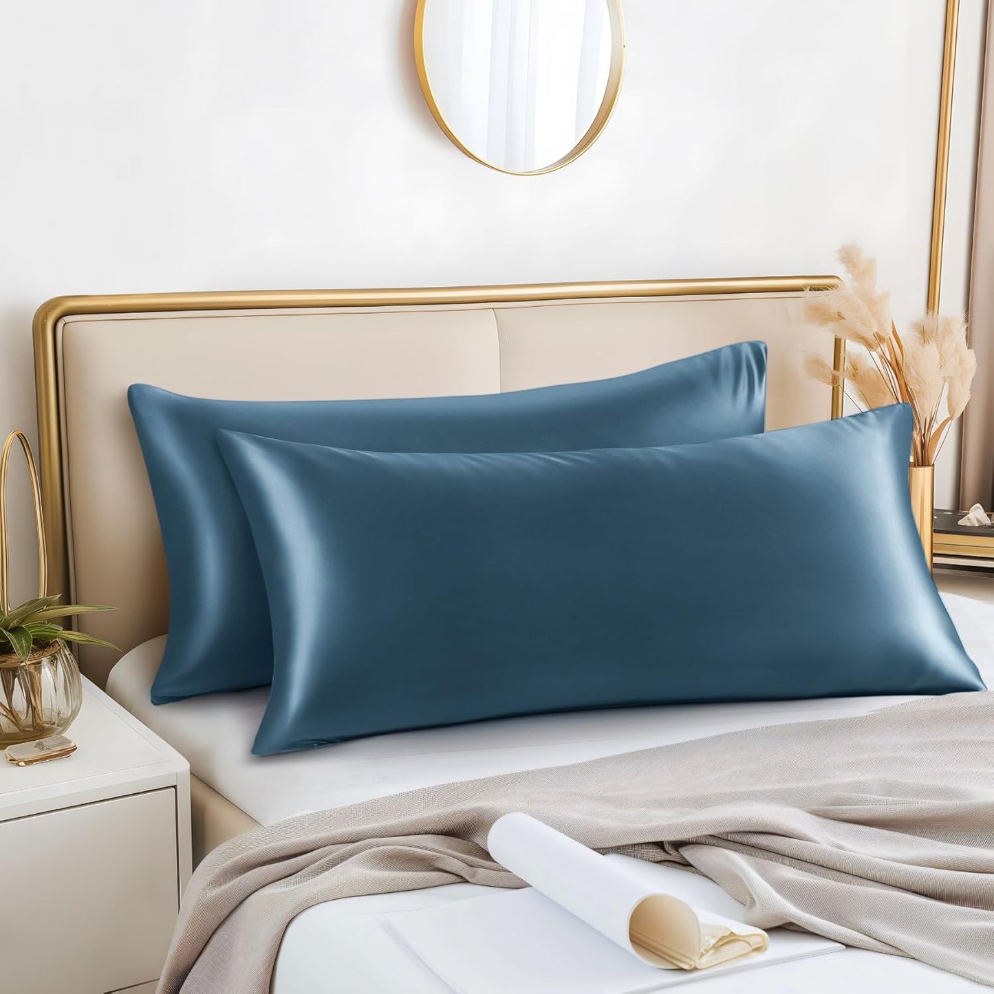 BEDELITE Satin Body Pillow Cover 2 Pack, Super Soft and Cooling Body Pillow Pillowcase for Hair and Skin, Breathable Silky Full Long Pillowcase Cover(20"x54", Bluesteel)