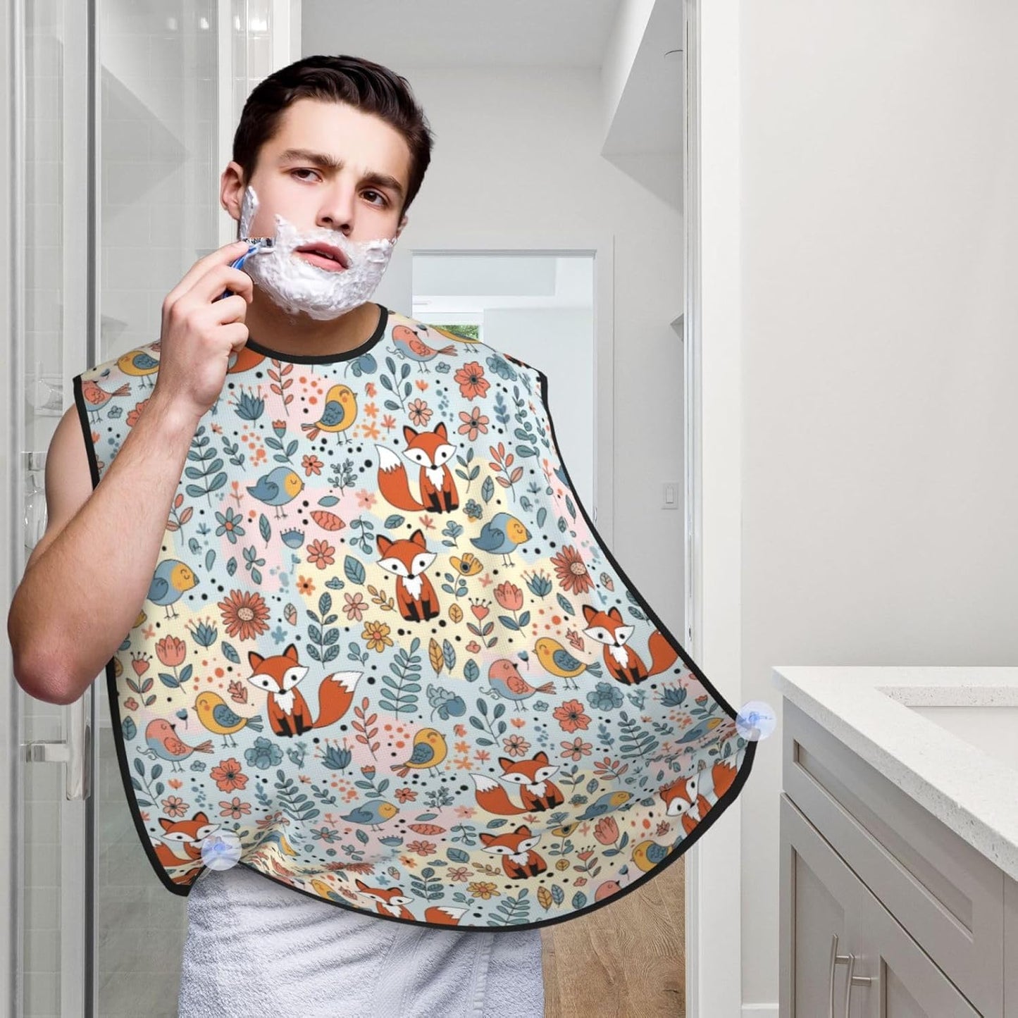 Waterproof Beard Trimming Bib, Non-Stick Hair Catcher for Men Shaving, Grooming Apron for Husband Dad, Floral Flowers Foxes Shave Bib