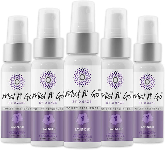 Mist N’ Go by Omaze Travel Bathroom Spray for Toilet Spray Odor Eliminator - Travel Toilet Spray for Bathroom Air Freshener Spray for Bathroom Deodorizer - Lavender Regular Size (2oz x5)