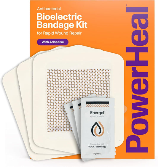 PowerHeal Bioelectric Bandage Kit for Wound Care & Fast Healing – 3-Layers w/Bioelectric Pad, Absorbent Pad, Adhesive + Wound Hydrogel – for Cuts, Abrasions, Blisters, Burns – 3-Pack, 6” x 6”