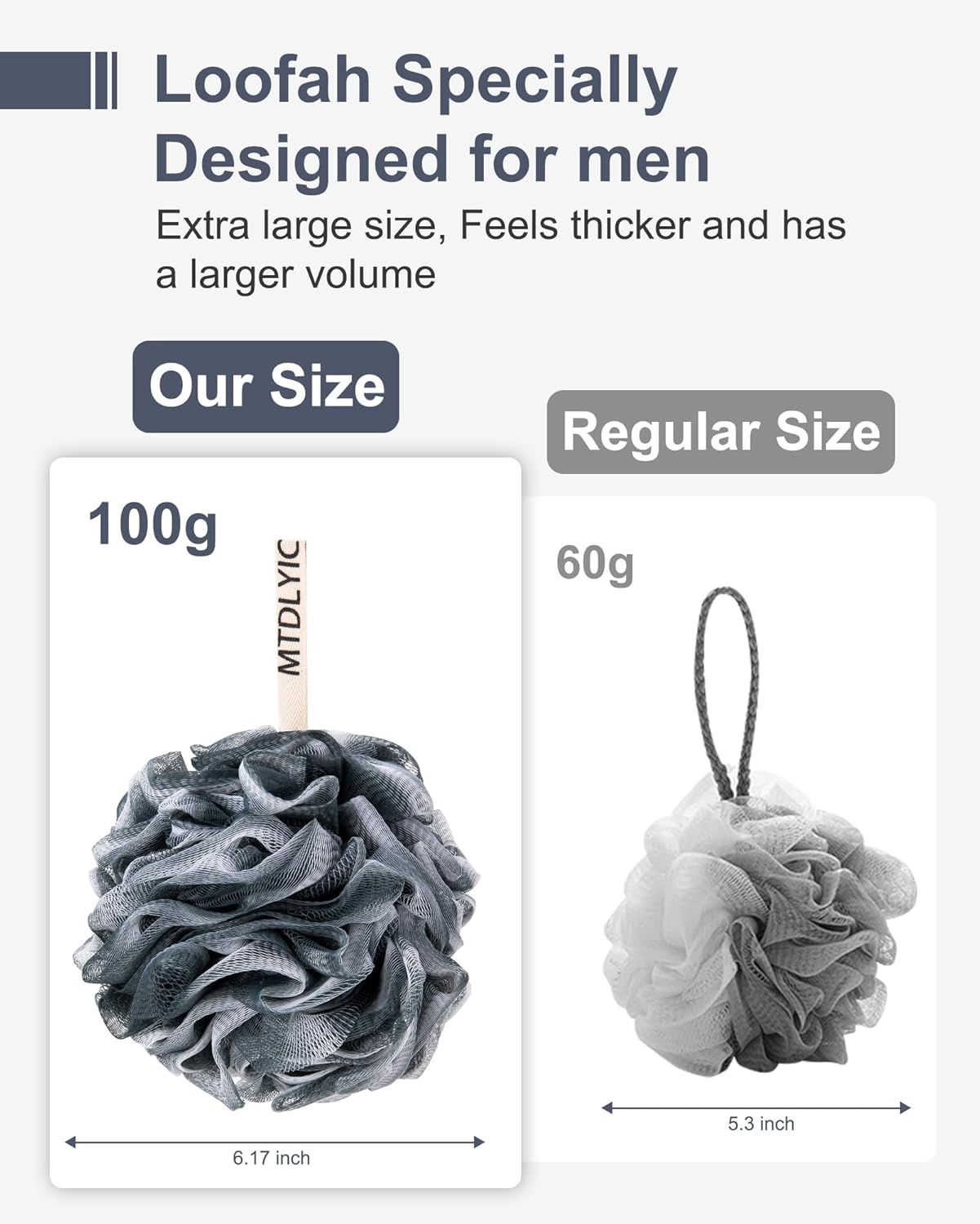 Loofah Sponge, XXL Large Loofah 100g 4 Pack, Bath Sponge Soft Mesh Shower Loofah for Men, Body Scrub, Shower Pouf Bath Accessories, for Body Wash, Soap (Blue Gray)