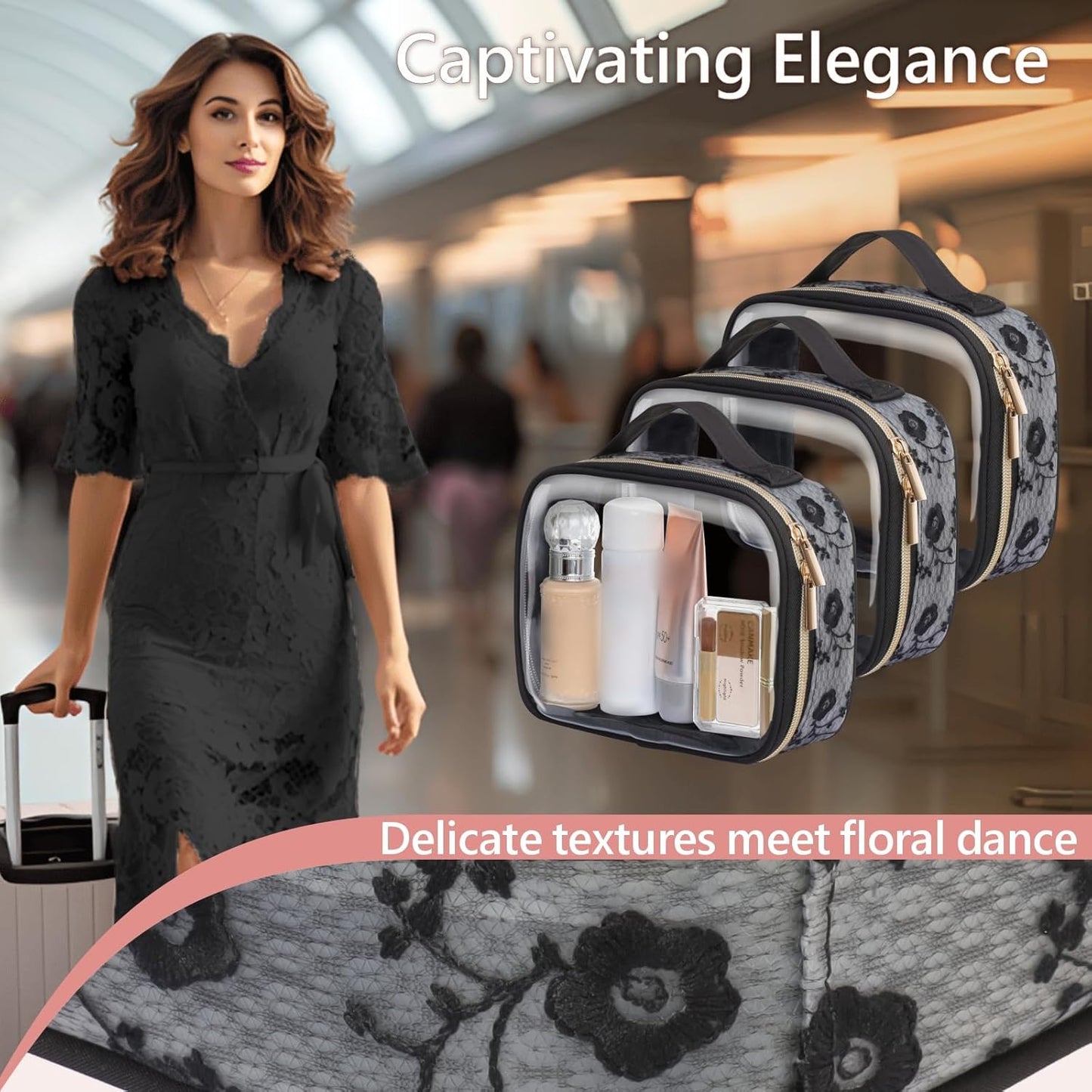 PACKISM TSA Approved Toiletry Bag - 180° Large Opening Clear Makeup Bags with Handle, Easily Access, Floral Texture Lace Clear Toiletry Bags for Traveling, Thick 0.5 mm No Smell, Black