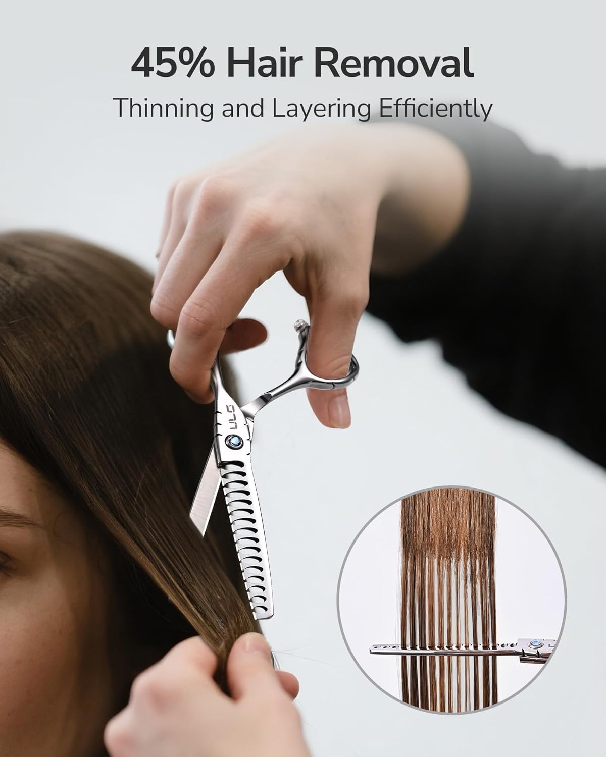 ULG Hair Thinning Scissors 6.7” Shark Series 100% Japanese Stainless Steel, Offset Handle, 16-Tooth Fishbone Chunker 45% Hair Removal, Professional Barber Layering Shears for Salon & Home Hair Styling